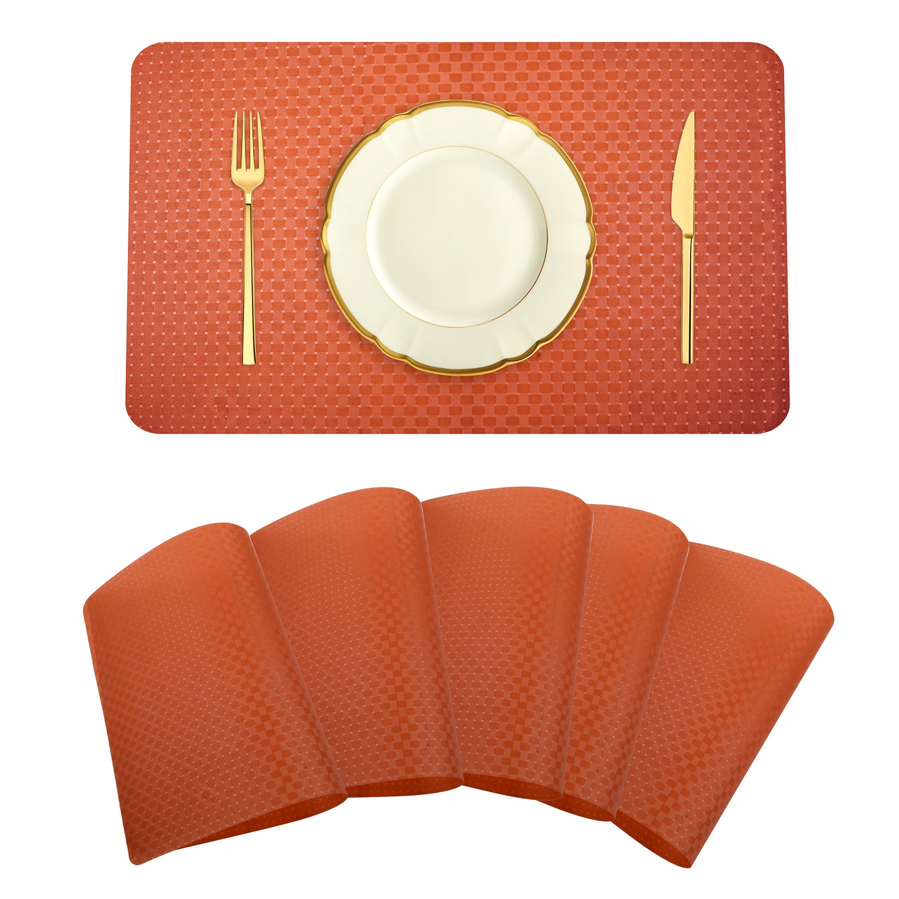 Kuber Industries Placemat | Placemats for Dining Room | Dining Table Placemats | Check-Design Placemat | 6 Piece Set | Orange