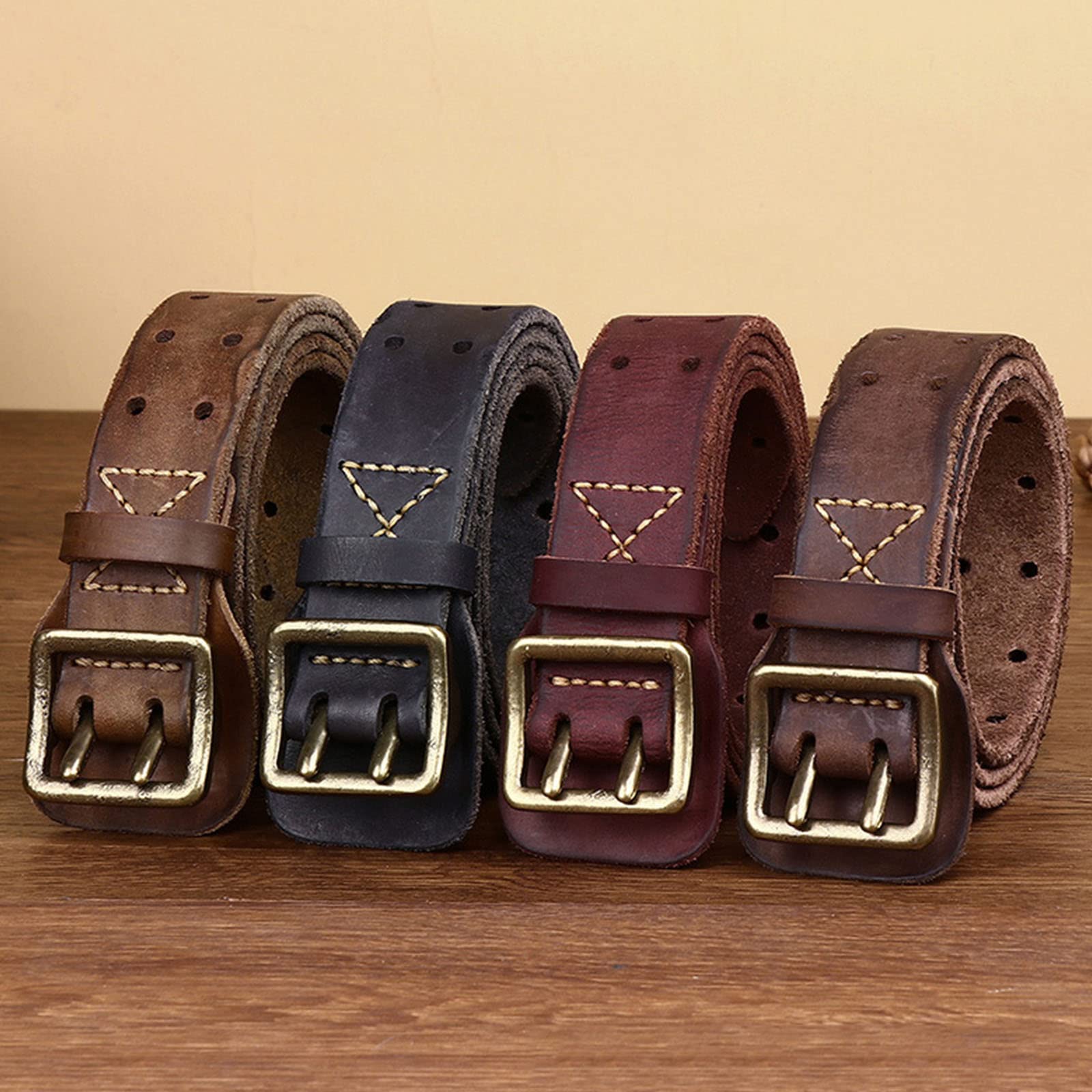 Ceinture Homme En Cuir Véritable - Boucle Double Ardillon, Style Classique Pour Jeans Et Pantalons