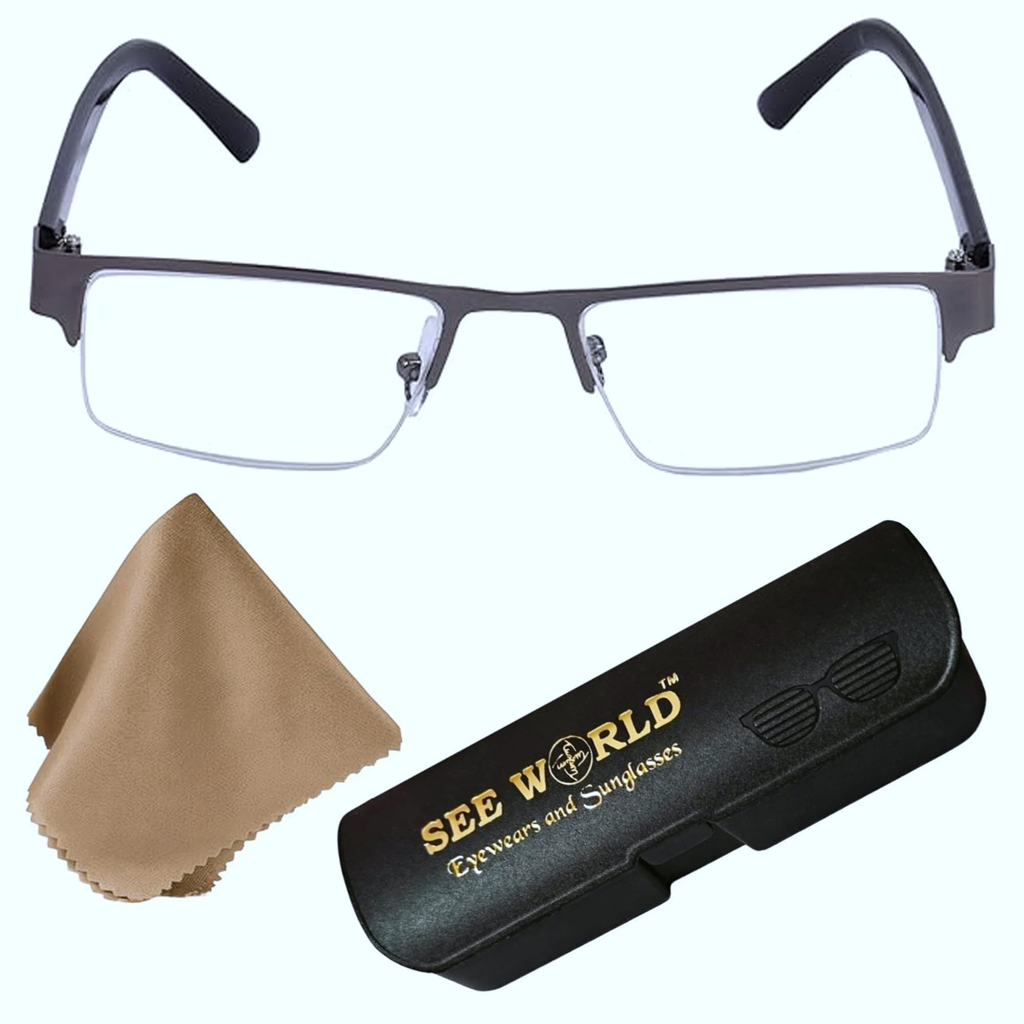 SEE WORLD - Metallic Half Rim Frame Reading Glasses Light Weight Eyewear for Men Women with Hard Case and Microfiber Cleaning Cloth-image-31