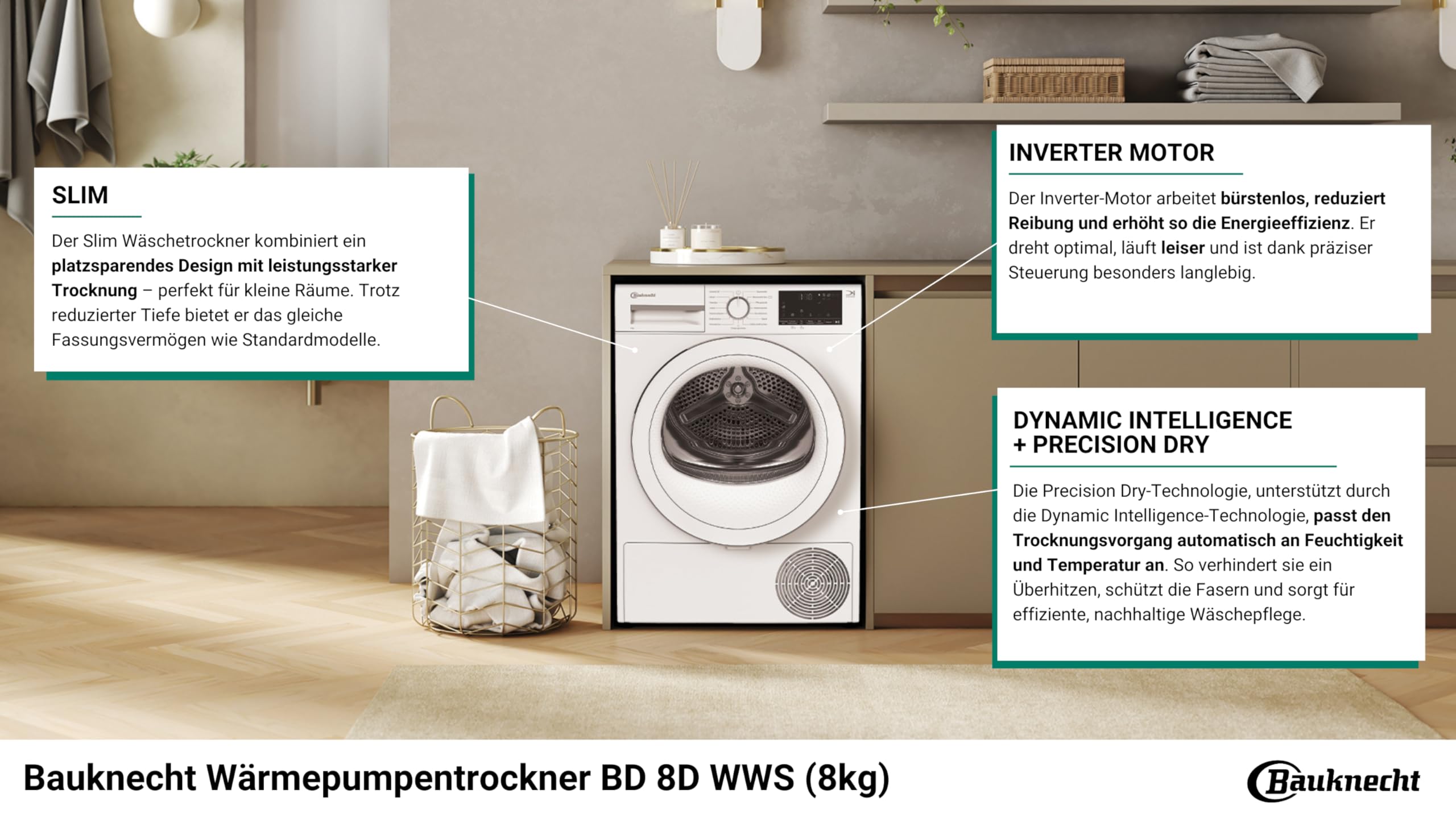 Bauknecht BD 8D WWS Wärmepumpentrockner / 8 kg/EEK A++ / Precision Dry - Intelligentes Trocknen/Inverter Motor/Slim - extra schmal/Trommelbeleuchtung