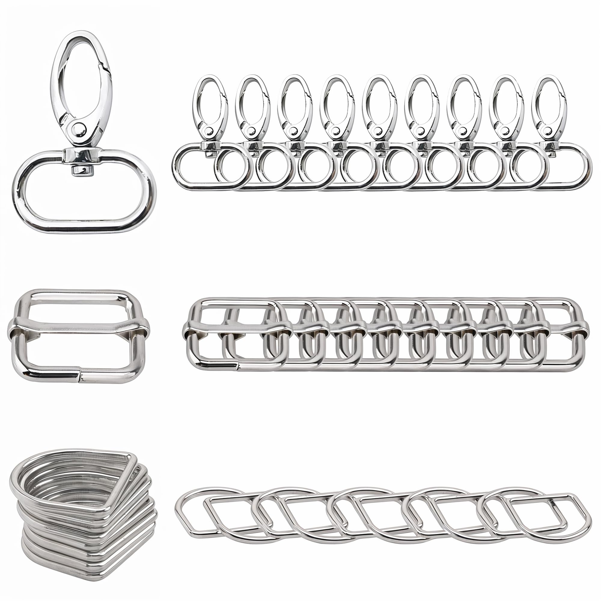 Trimming Shop 30pcs Metal D Rings for Bags, Swivel Snap Hooks Tri-Glide Slide Buckles for Sewing Handbag Hardware Bag Making Supplies DIY Craft Projects, 25mm, Silver