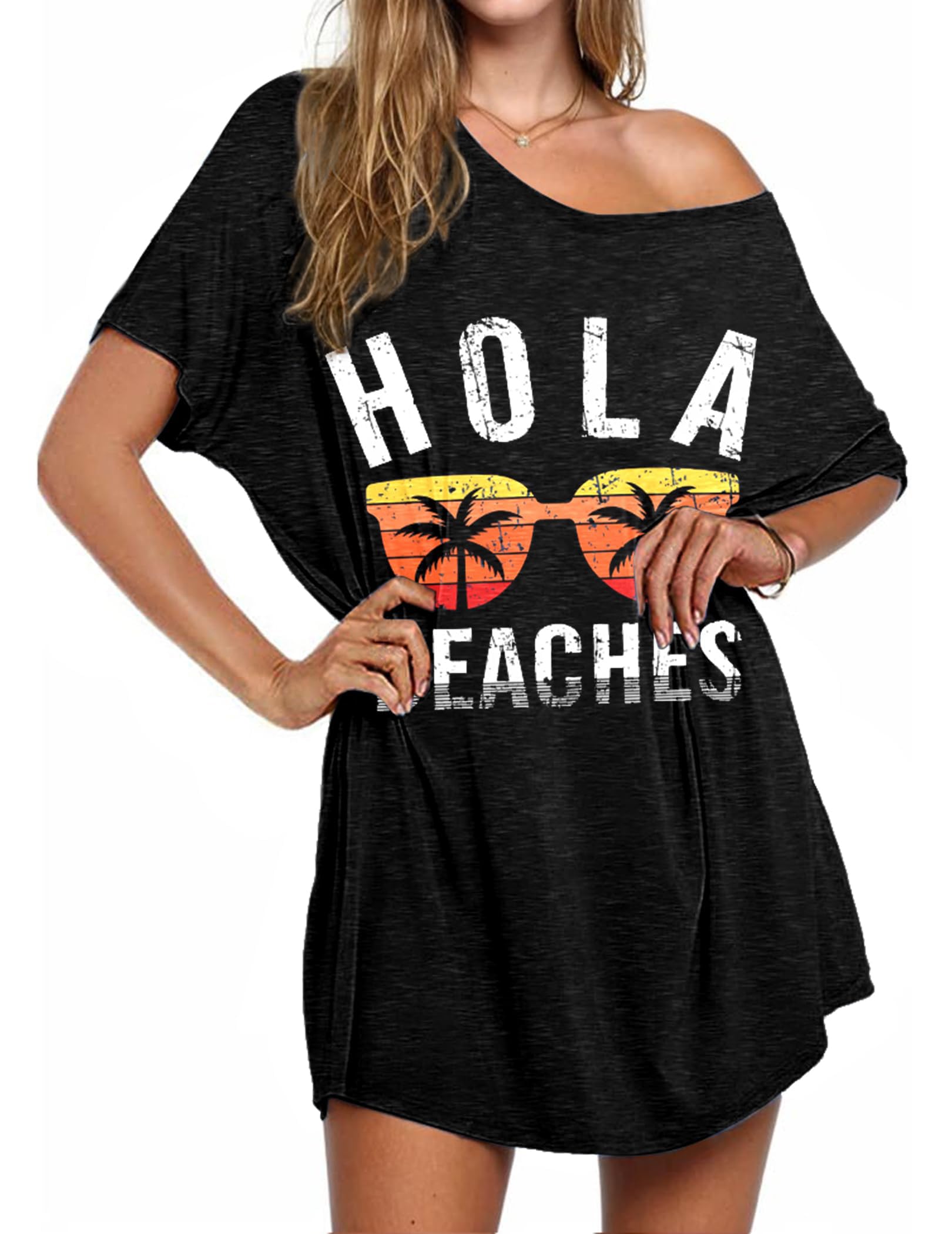 Ekouaer Damen Strandkleid Bikini Cover Up Sommer Strandponcho Bademode V-Ausschnitt Strand Lose Vertuschen Shirt mit Drucken S-XXL