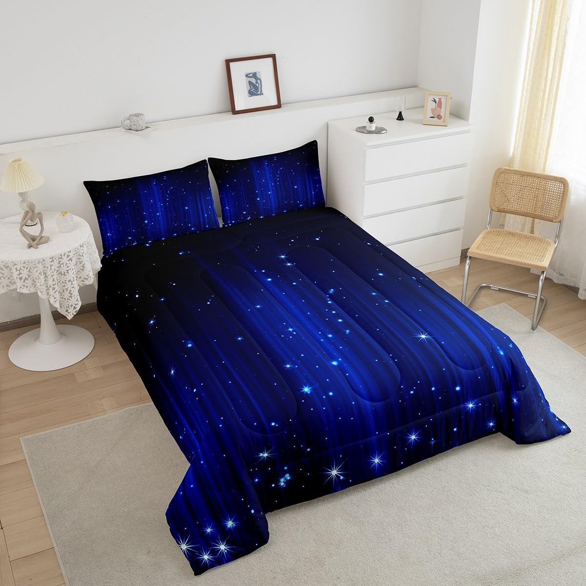 Erosebridal Royal Blue and Black Comforter Set King Ombre Glitter Bedding Set for Teen Boys Girls Room Decor,Abstract Striped Comforter Lightweight 3Pcs