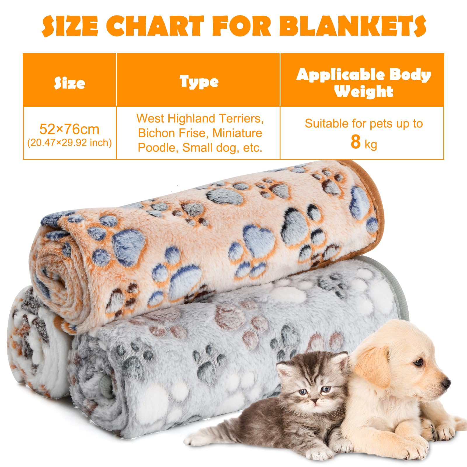 Couvertures pour Animaux 3Pcs, Couvertures pour Chien Chat Lavable, Couvertures pour Animal avec Imprimé Patte Couvertures en Flanelle Doux Chaud pour Petits Moyens Grand Chiots et Chatons, 52 x 76 cm
