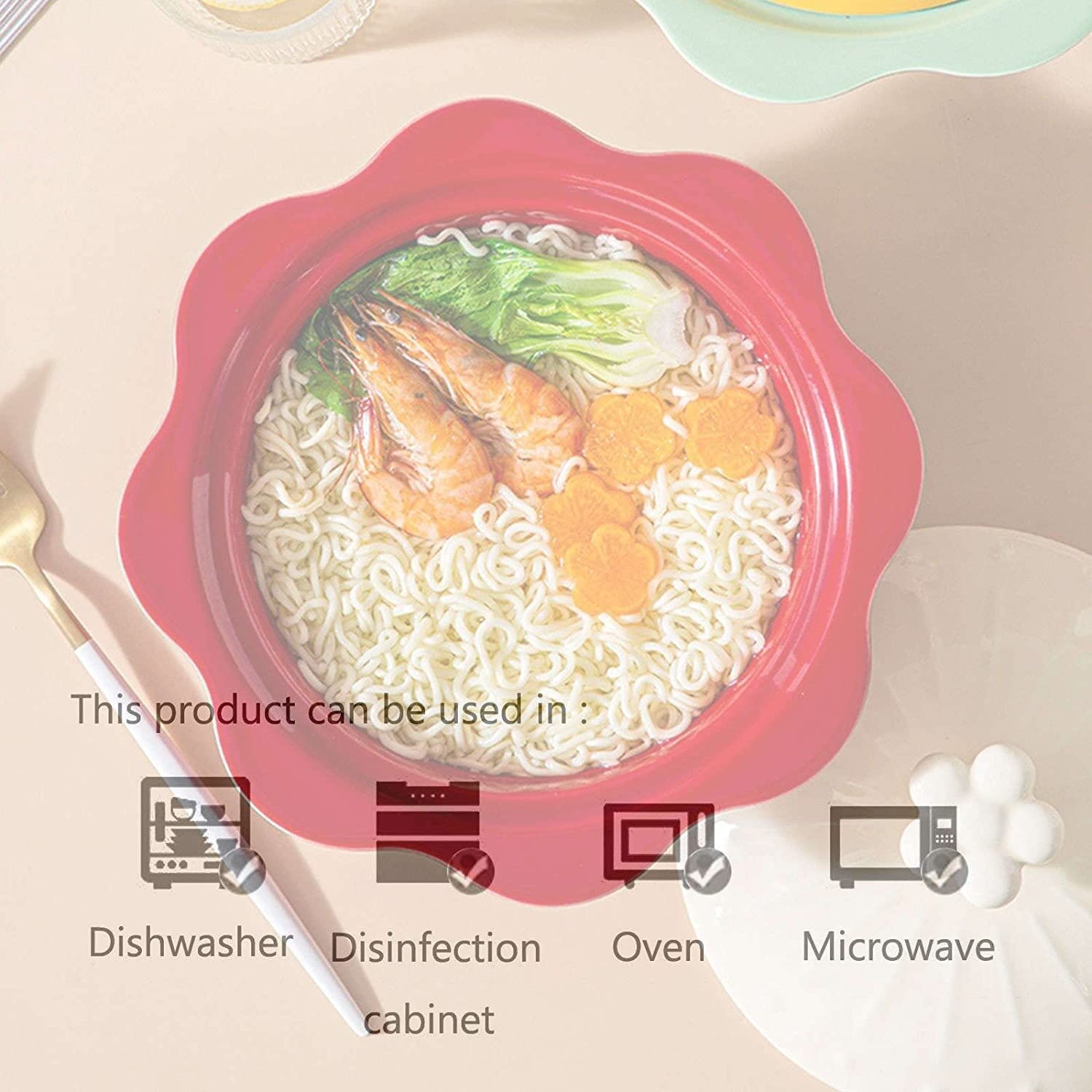 Vaisselle Bol à Soupe Ramen en Céramique,Tasse à Soupe,Grand Bol à Ramen en Céramique,Bol à Soupe avec Couvercle,Bol à Nouilles Udon Passe au Micro-Ondes,Bols Pho-rouge-21.5x17.5x13cm,850ml(Couleur:Ro