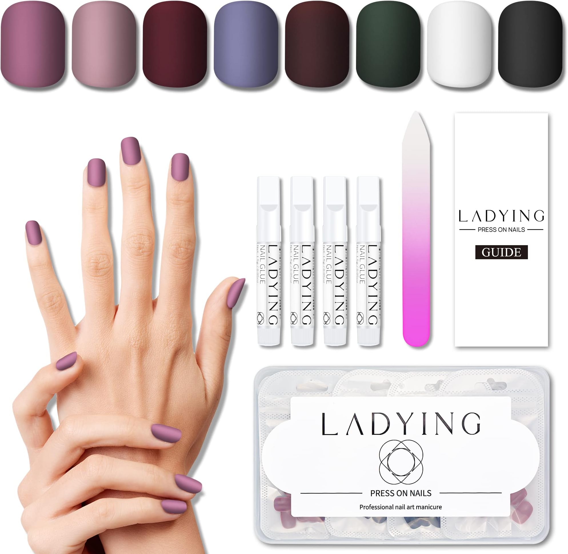 LADYING Matte Short Acrylic False Nails for Women, Stick Glue on/ Press on Nails Set with Glue Nail File, Nail Art Salon Ballerina French Fake Tips, 8 Packs (192 PCS)