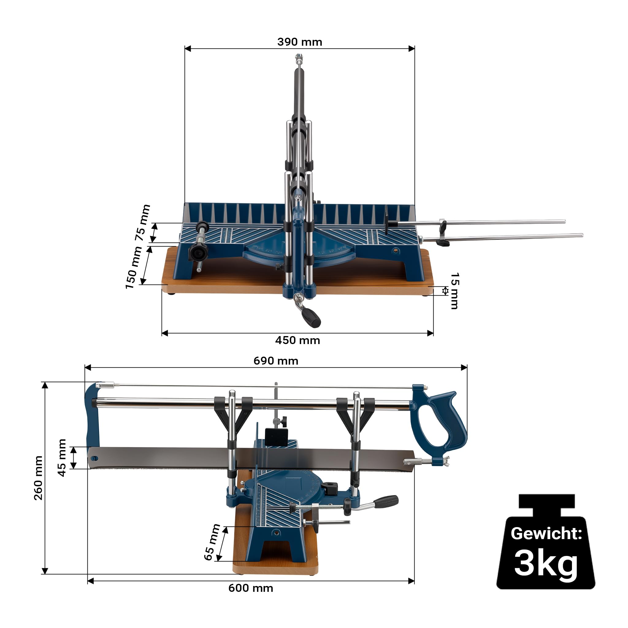 Wiltec Gehrungssäge 600 mm, -45° bis +45°, Schnittbreite 110 mm/160 mm, Schnitthöhe 120 mm, Handsäge für die Holzbearbeitung, Kappsäge Winkelsäge