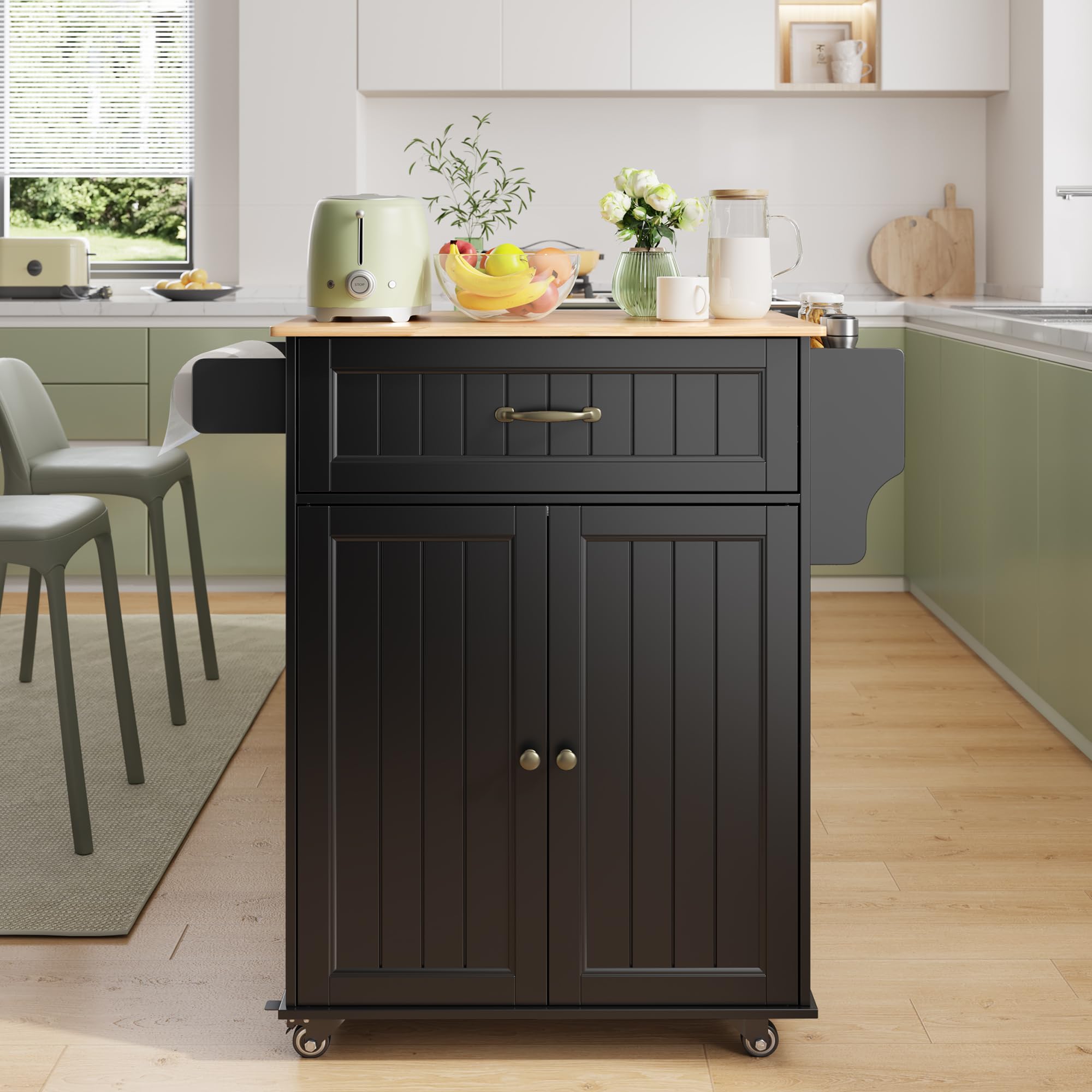 Bealife Isla de Cocina con Ruedas, Carro de Cocina con Cajón, Armario, Estante Lateral para Especias y Toallero, Mueble Auxiliar de Almacenamiento para Comedor (Negro)