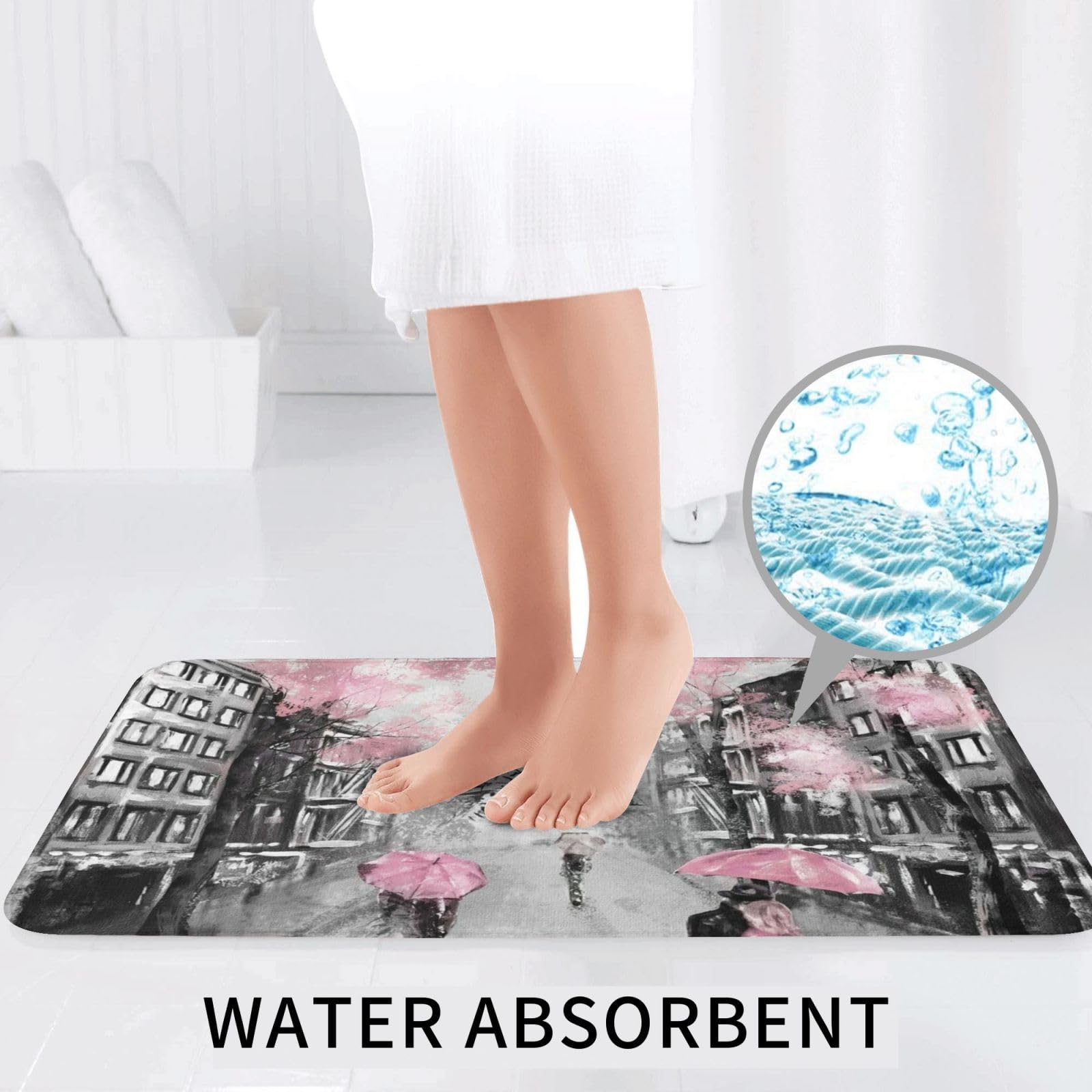 Paris Street Tower - Set di 3 tappetini da bagno con motivo floreale rosa, in flanella, morbido, antiscivolo, con coperchio, decorazione per la casa