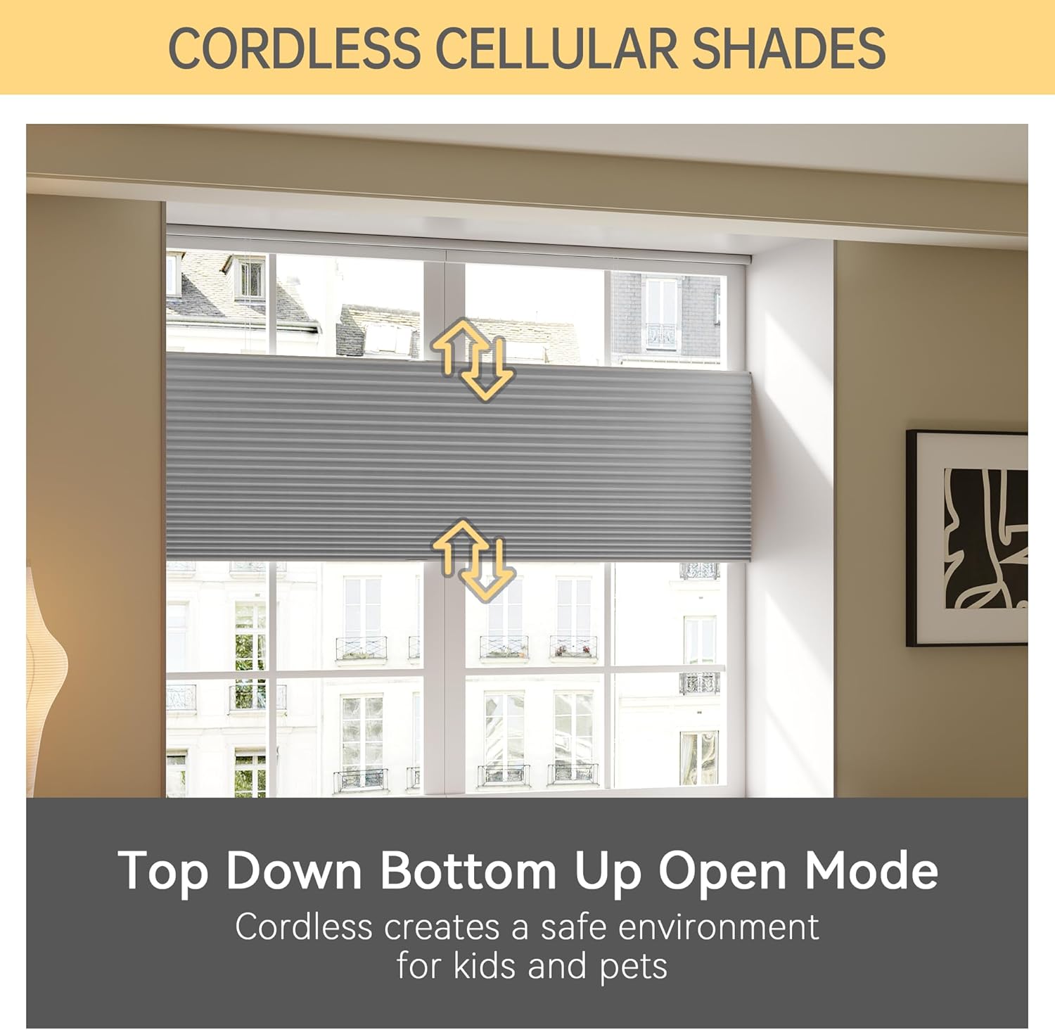 Top Down Bottom Up Cellular Shades, Cordless Blackout TDBU Honeycomb Blinds with Thermal Insulated, Noise Reduction, Room Darkening Cellular Blinds for Home, Office Indoor Window, Grey, Custom Size