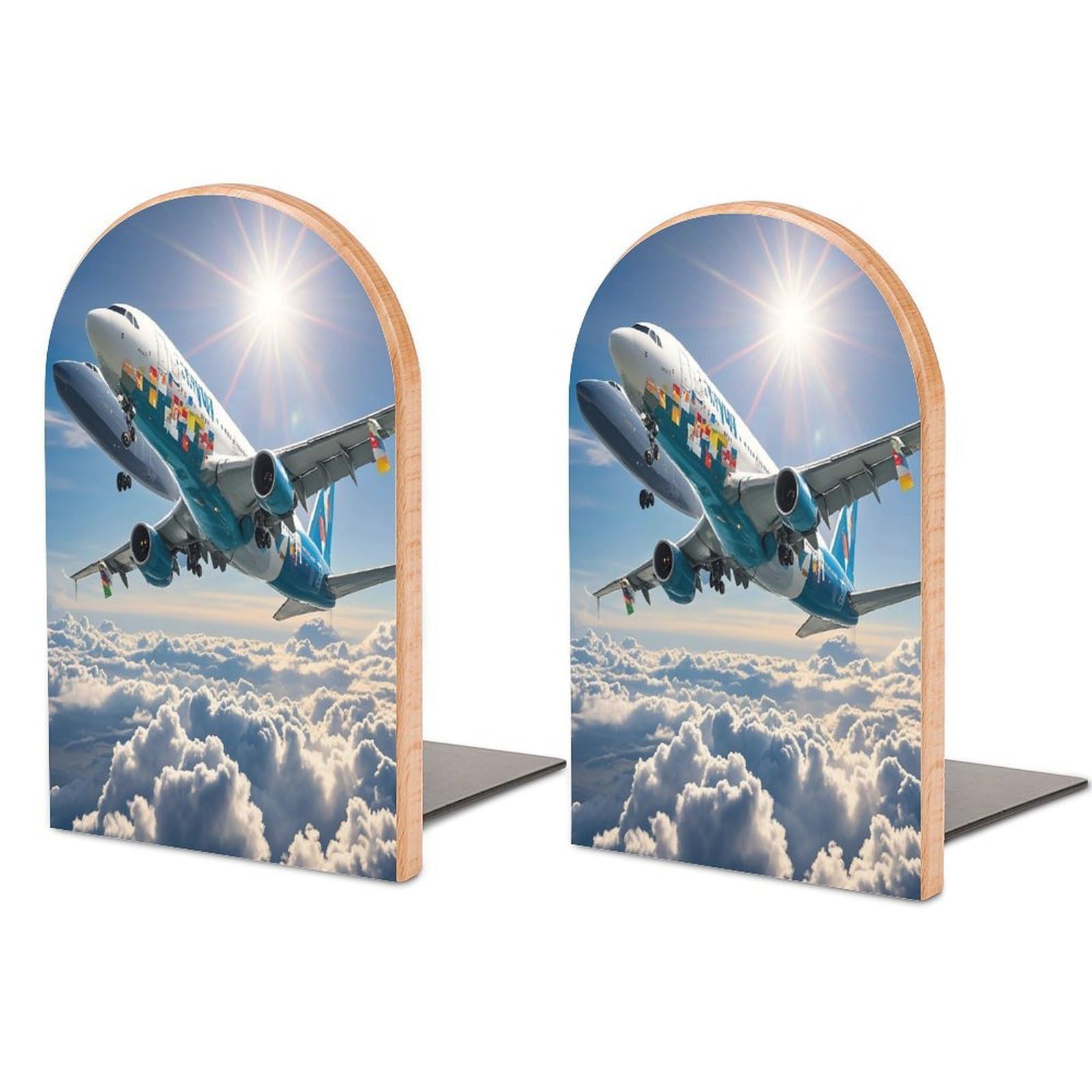 Airplane Bookend Non-Skid Wooden Bookends for Shelves Heavy Duty Wood Book Ends Decorative Book Stopper Book Stand Non-Slip Book Organizer for Home Office Library