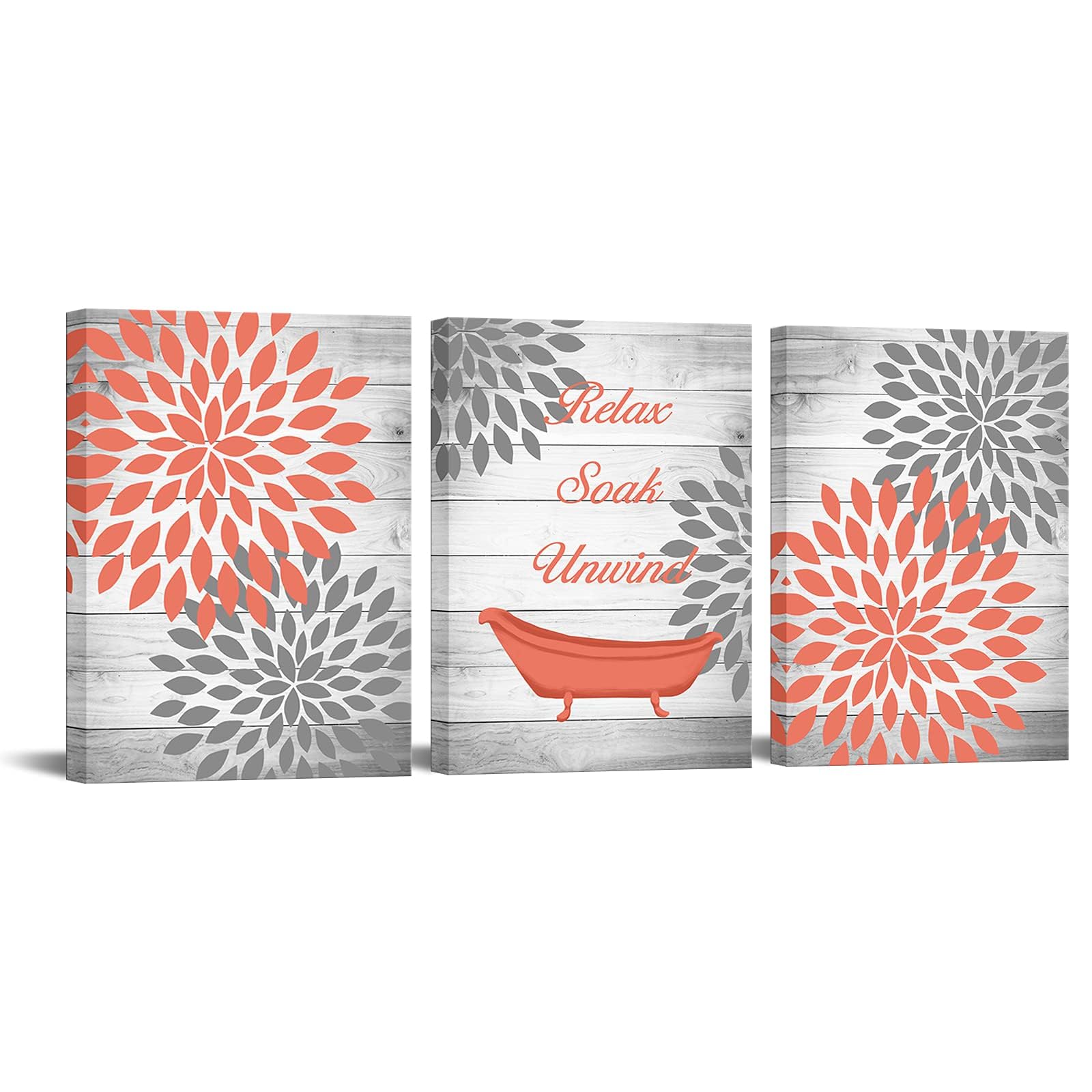 Ouelegent Dahlia Canvas Wall Art Coral Gray Flower with Rustic Wood Background Painting Pictures Vintage Bathtub Relax Soak Unwind Inspiring Print Art for Bathroom Spa Decor Framed 12"x16"x3 Panels