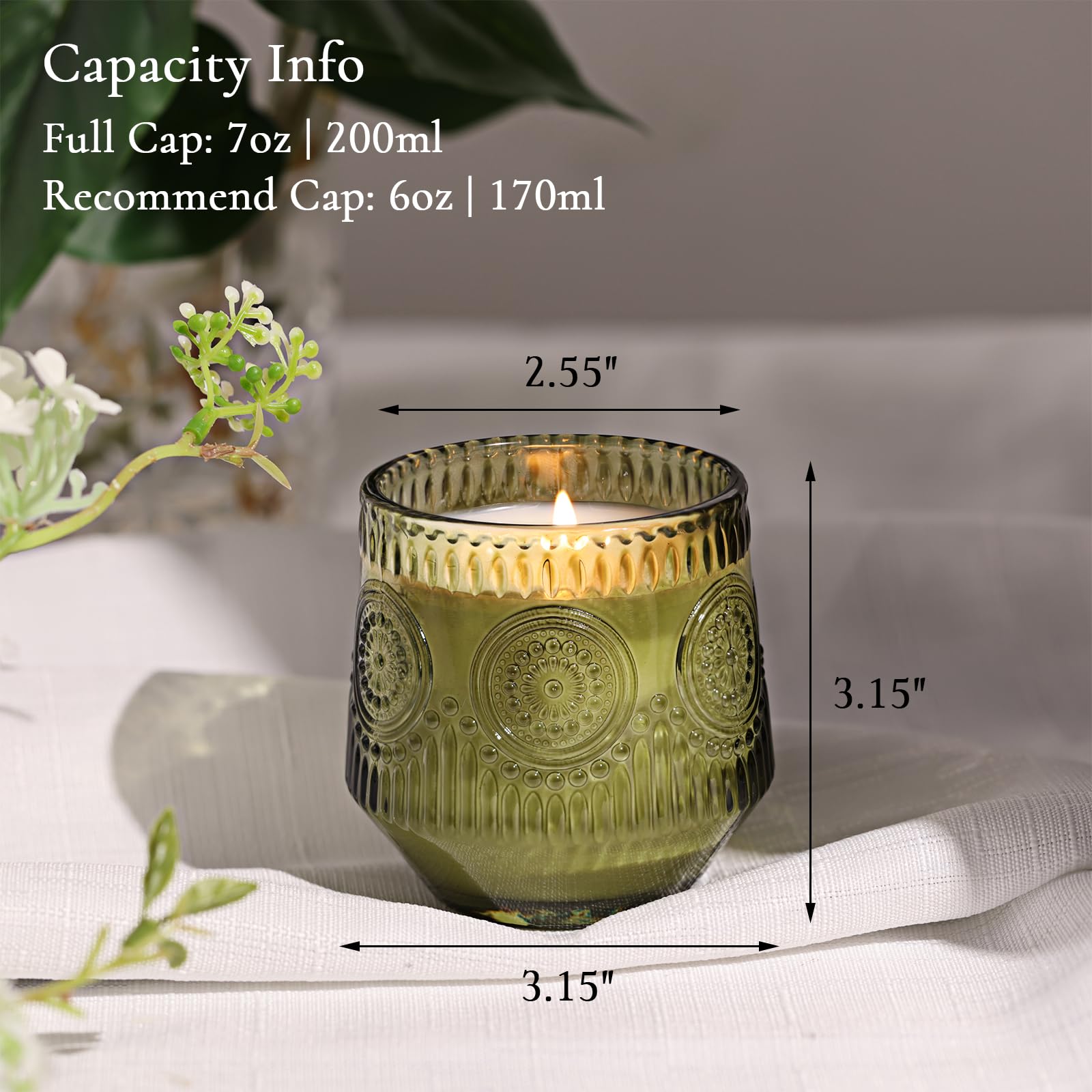 LAMORGIFT 12 Pack Green Glass Jars for Candle Making- Floral Theme 7OZ Glass Candle Making Jars, Empty Candle Jars, Candle Containers, Candle Vessels with Candle Making Accessories for Making Candles