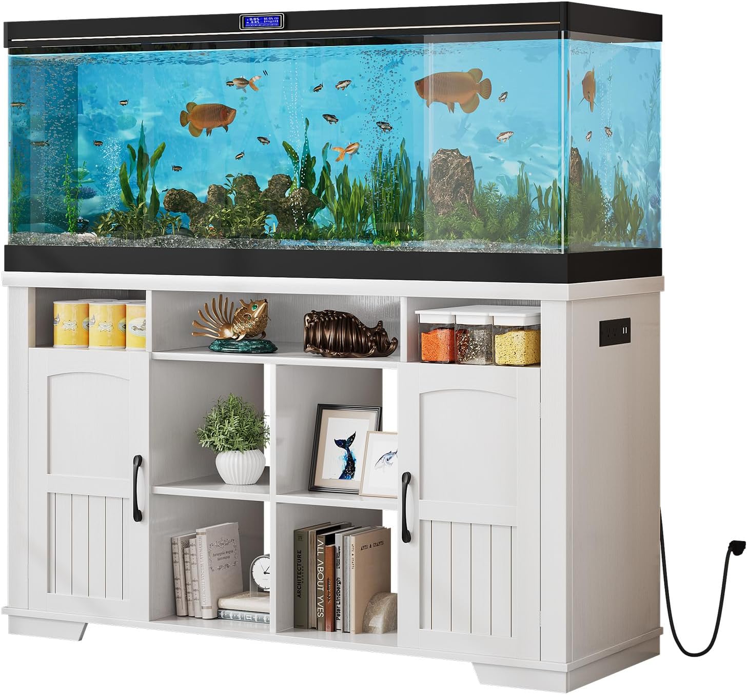 55-75 Gallon Fish Tank Stand with Power Outlet, Farmhouse 75 Gallon Aquarium Stand with Cabinet for Fish Tank Accessories Storage, Shelf, for Turtle Tank, Reptile Terrarium, 1000 LBS (White)