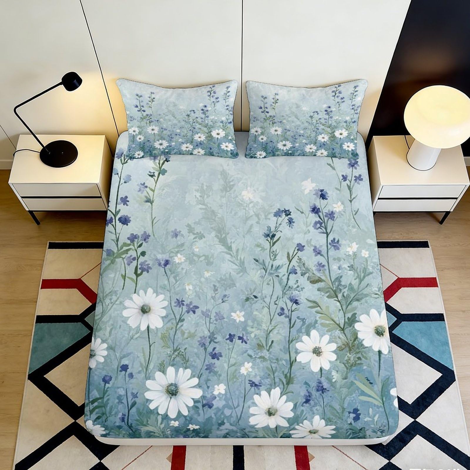 3D Printed Blue Daisy Fitted Sheet Microfiber Bedroom Decor Wildflower Mattress Cover for Adult Youth 90x200x25cm