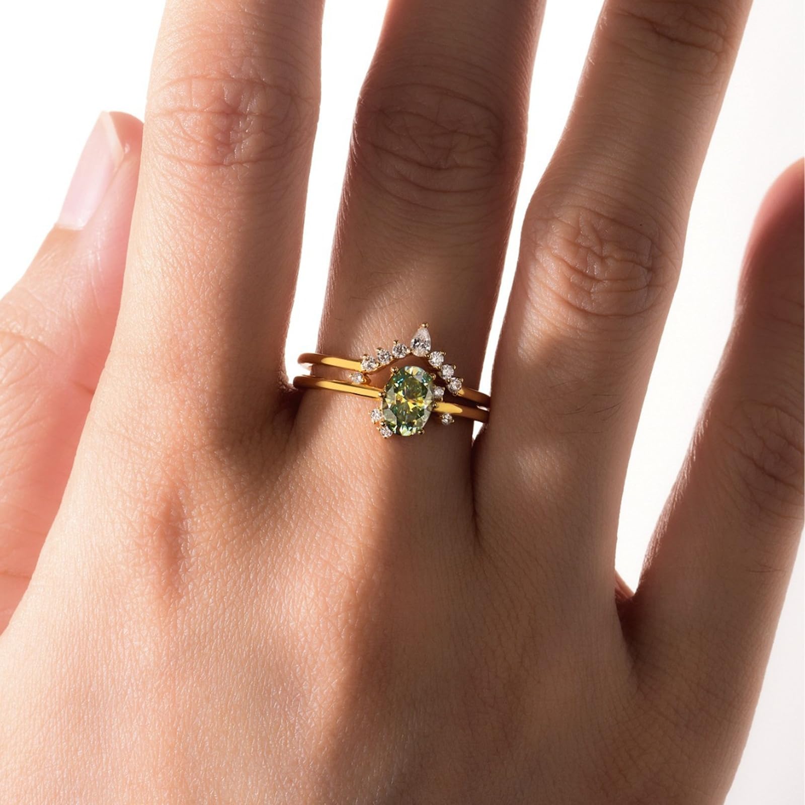 Set di anelli da donna in oro giallo 18 carati, in vero oro, moissanite verde, impilabile, anello a doppia fascia personalizzato
