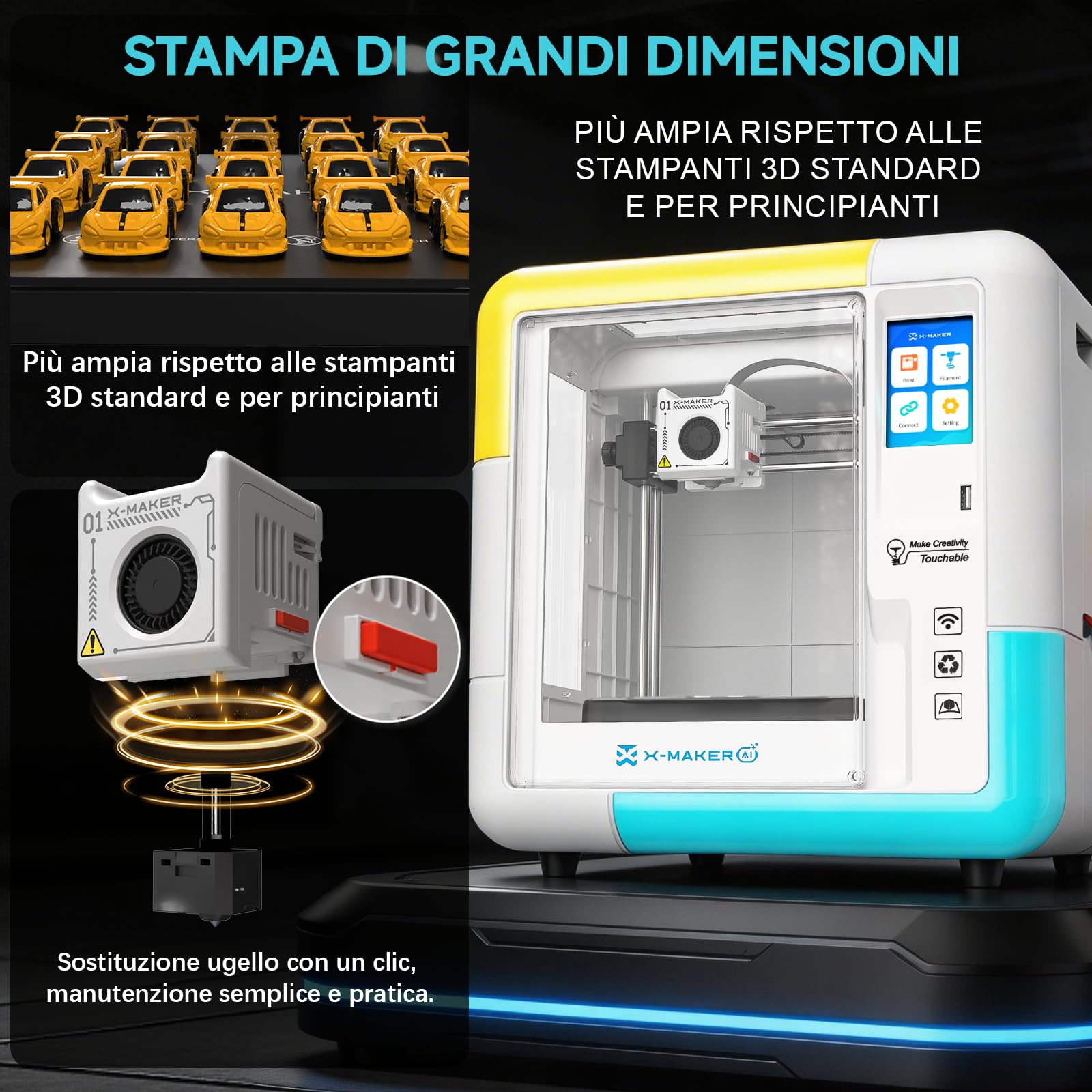 AOSEED X-Maker AI 3D-Drucker für Anfänger, Vollständig Geschlossen & Geräuscharm, KI-Design-App, 8000+ 3D-Modelle, WLAN-Verbindung, Sofort Einsatzbereit, inkl. 8-teiligem PLA-Filament-Set