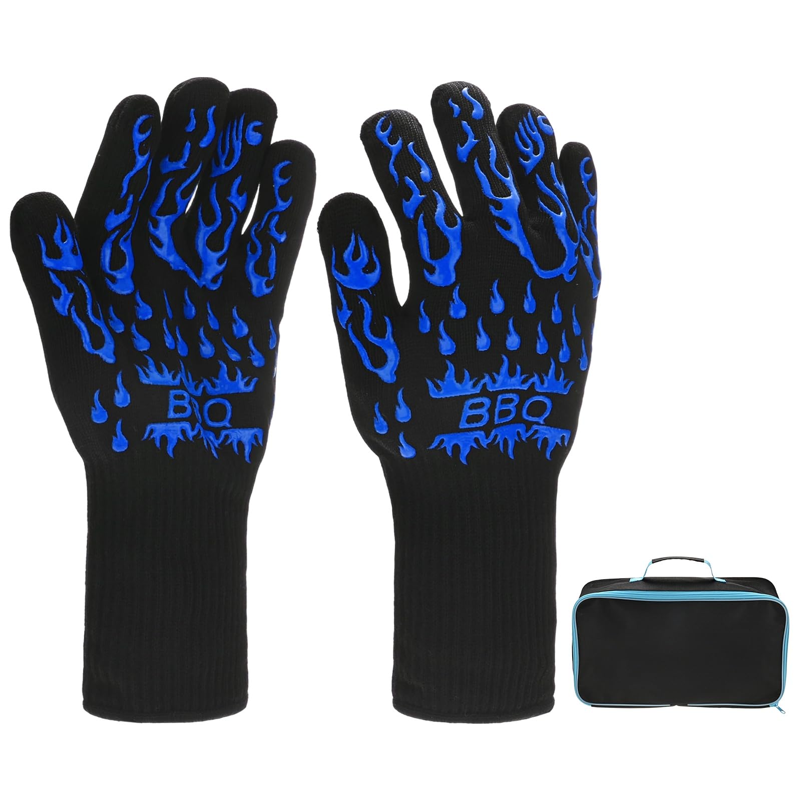 M METERXITY 1 par de guantes para barbacoa, resistentes al calor, antideslizantes, resistentes al calor, para parrilla, hornear, cocinar, con bolsa de almacenamiento (tamaño L, azul)