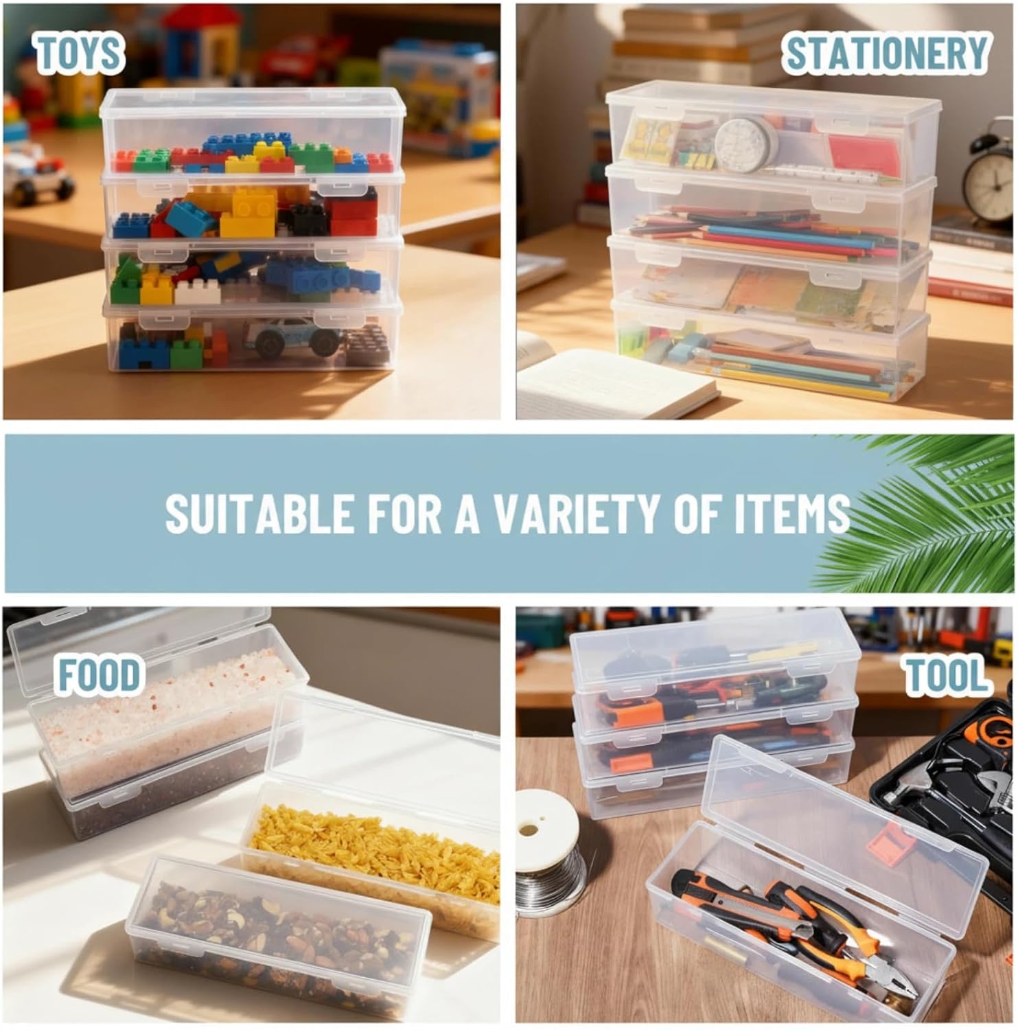 4 Pack Clear Craft and Art Supply Storage Organizer with Lid 11.8 x 4 x 2.8 Inch Plastic Deep Strips Storage Container Stackable Organizer Box for Makeup Paint Brush Cabinets Holds Food Pen Tools