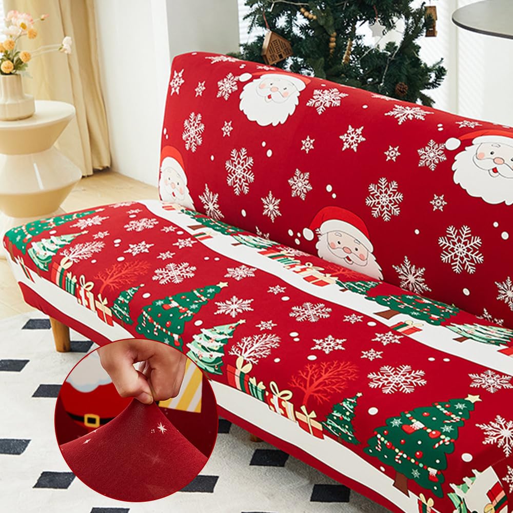 Christmas Elastic Armless Sofa Covers Click Clac 2/3 Seater, Red Snowflake Gift Elastane Protective Cover Sofa Bed Folding Sofa Without Armrest (Christmas Tree, 160-190 cm)
