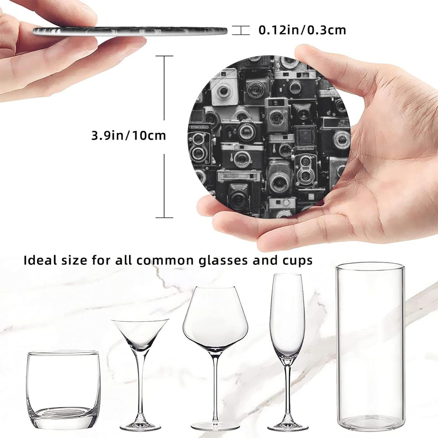 Coasters Set of 6 Non-Slip Drink Coaster with Holder Retro Cool Camera Coasters for Drinks Cups Mugs Mat Pads Absorbent Round Leather Coaster for Coffee Table Kitchen Bar Home Decor image 2