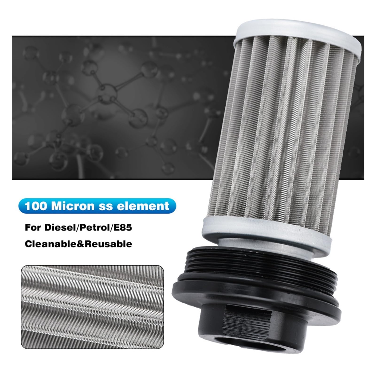 Filtro Carburante in Linea AN6 / AN8 / AN10 Nero Etanolo E85 con Elemento in Acciaio Inossidabile da 100 Micron e Adesivo (Color : Black AN10 Fitting)