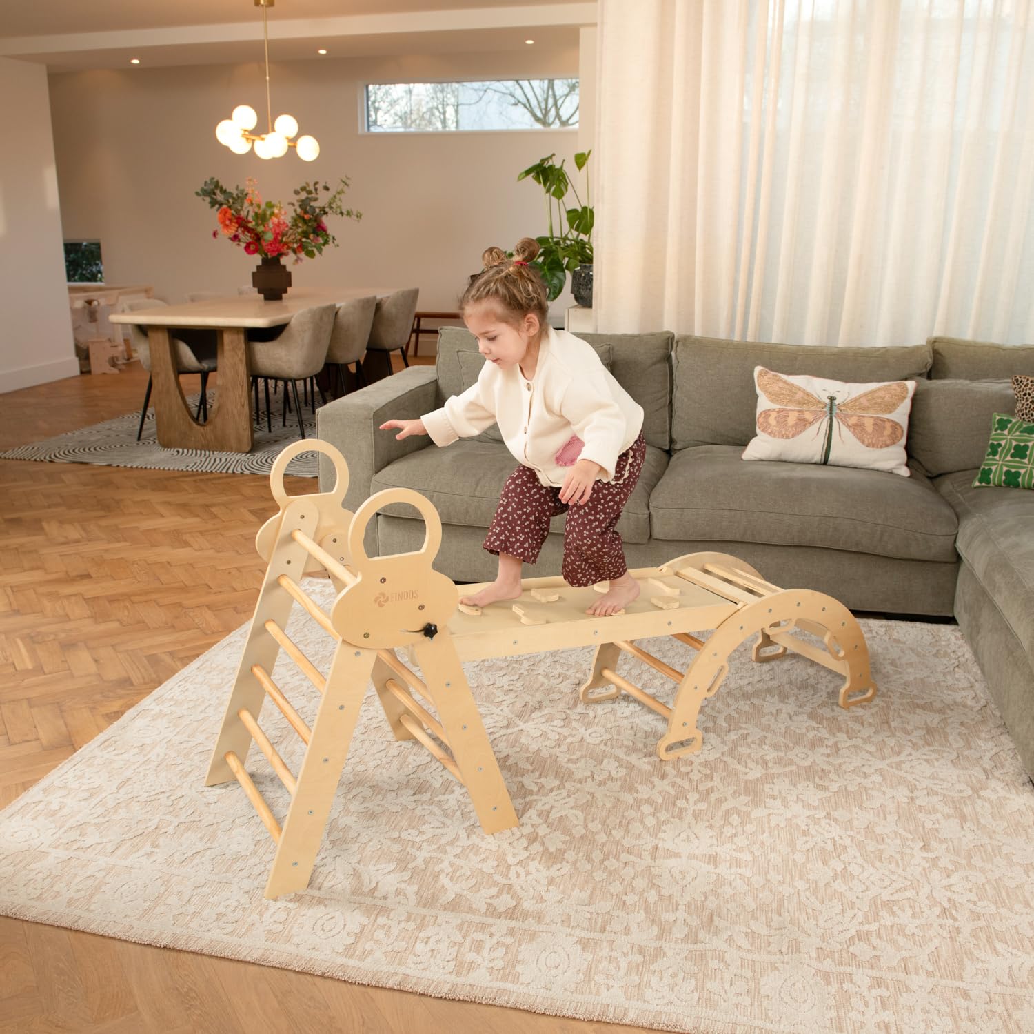 FINOOS Montessori Indoor Spielset: 7-in-1 Klettergerüst mit Rutsche & Bogen für Kleinkinder und Kinder (1-3 Jahre) (Naturholz)