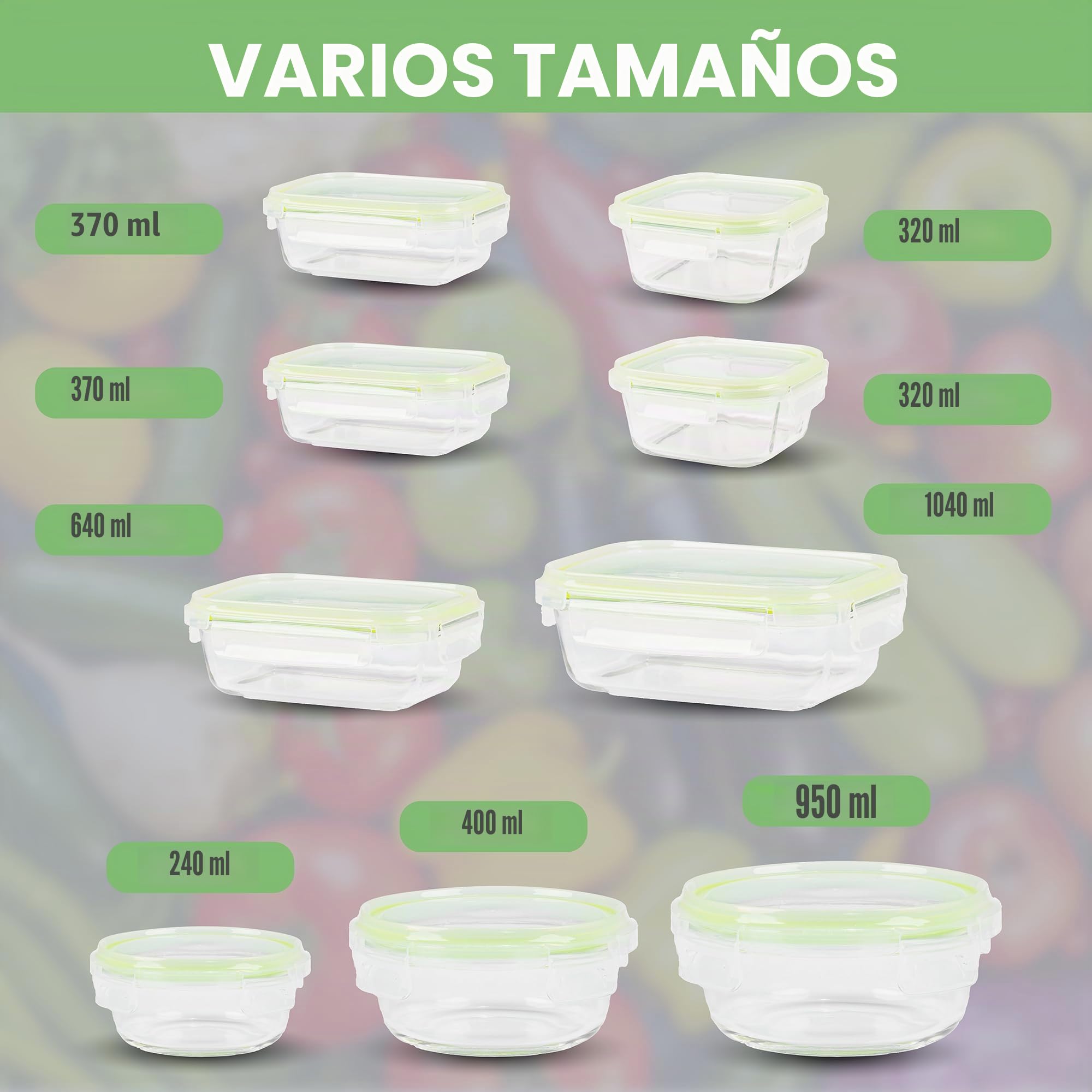 Recipientes de cristal para alimentos Hermeticos Con Tapa - Tapers Para Comida Hermetico, Ahorro De Espacio Recipientes Para Alimentos Para Microondas, Horno Y Congelador (Pack 9, Verde)