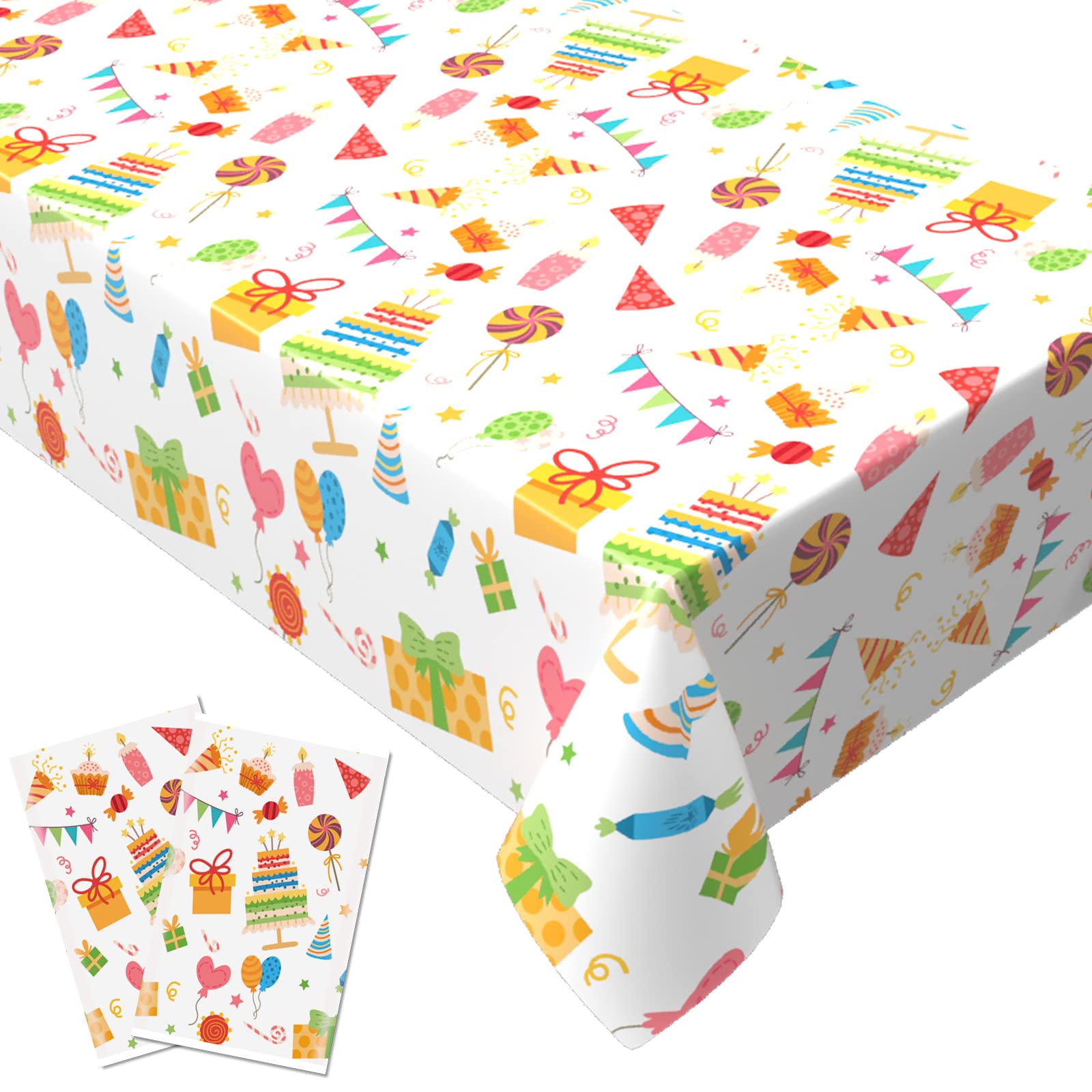 DomgogeParty Tablecloths Kids Disposable 2 Pack Colourful PVC Plastic Waterproof Wipeable Birthday Table Cloths with Cake Gifts 53.9*107.9 Inch Rectangular Table Cover Decorations for Girls Boys Baby Shower