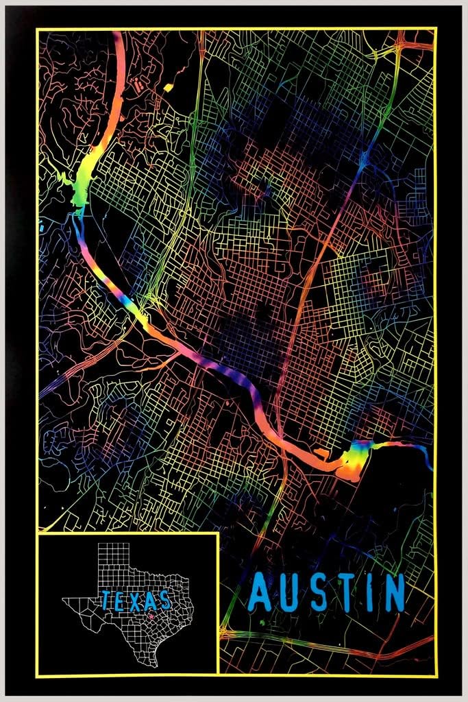 Austin Map TX Texas Tie Dye Colors Psychedelic Trippy