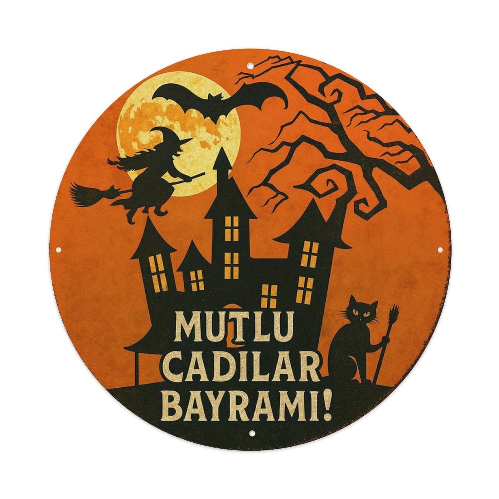 Witch Castle Moon Bat Cat Round Metal Tin Sign Vintage Wall Decor, Bar Garage Cafe Kitchen Home Wall Art Poster 8x8inches