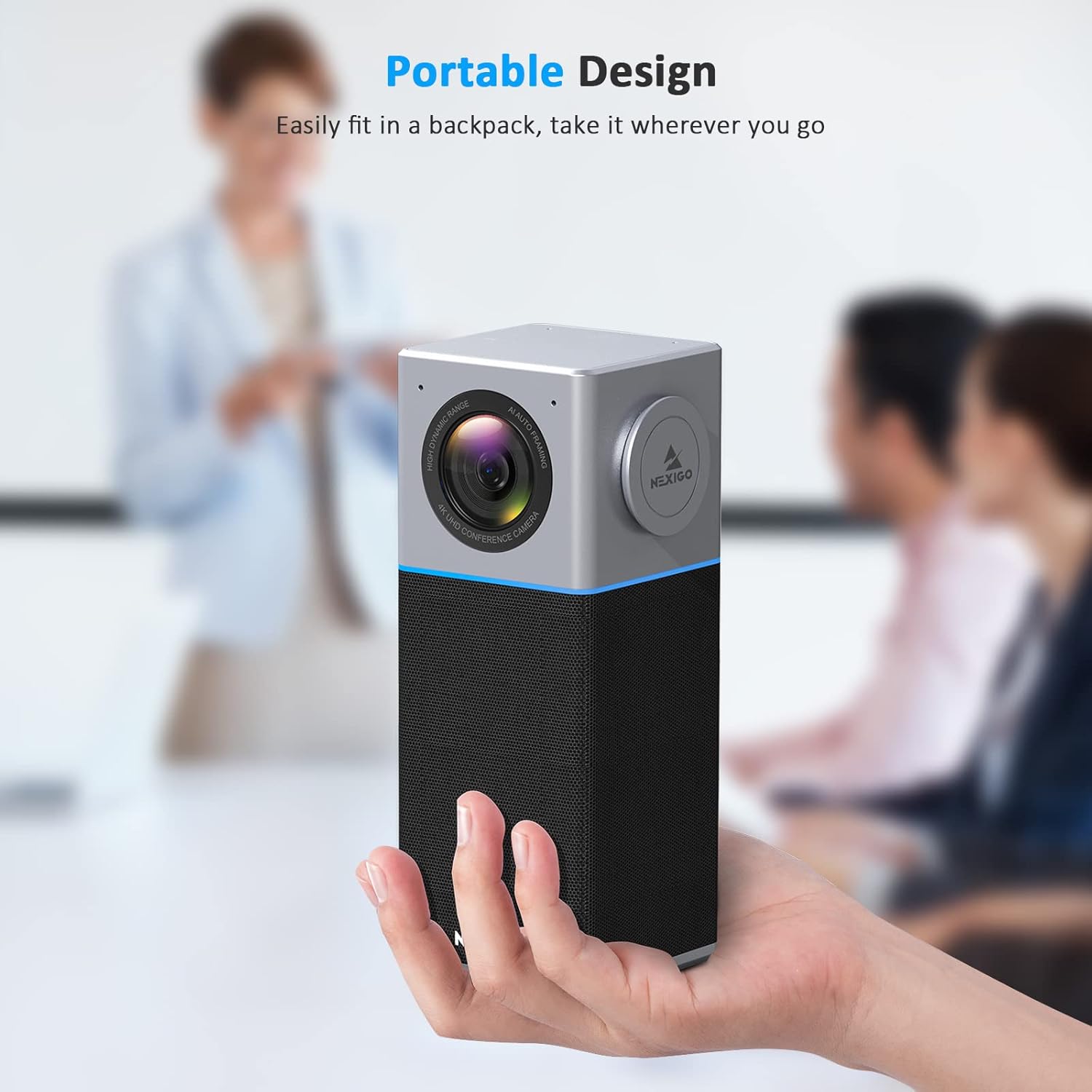 NexiGo N3000 4K Portable Video Conference Camera, Zoom Certified, AI Webcam with Speaker and Microphone, Auto-Framing, 4-Mic Array, 48kHz, Video Audio System for Zoom/Teams/Webex (Renewed)