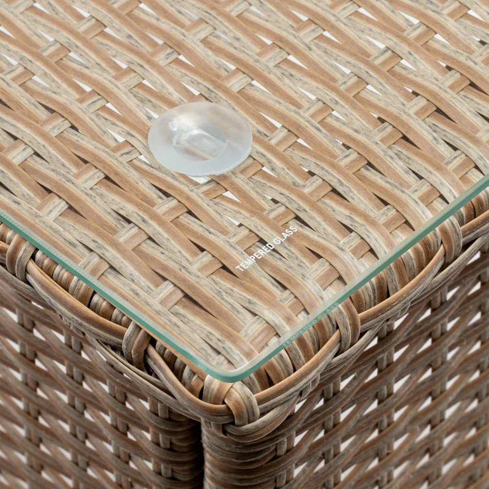 CASARIA® Mesita de Centro Poliratán 50x50x45cm Carga hasta 80Kg Mesa Auxiliar Jardín Ajustable en Altura Tablero Vidrio Resistente Intemperie Crema