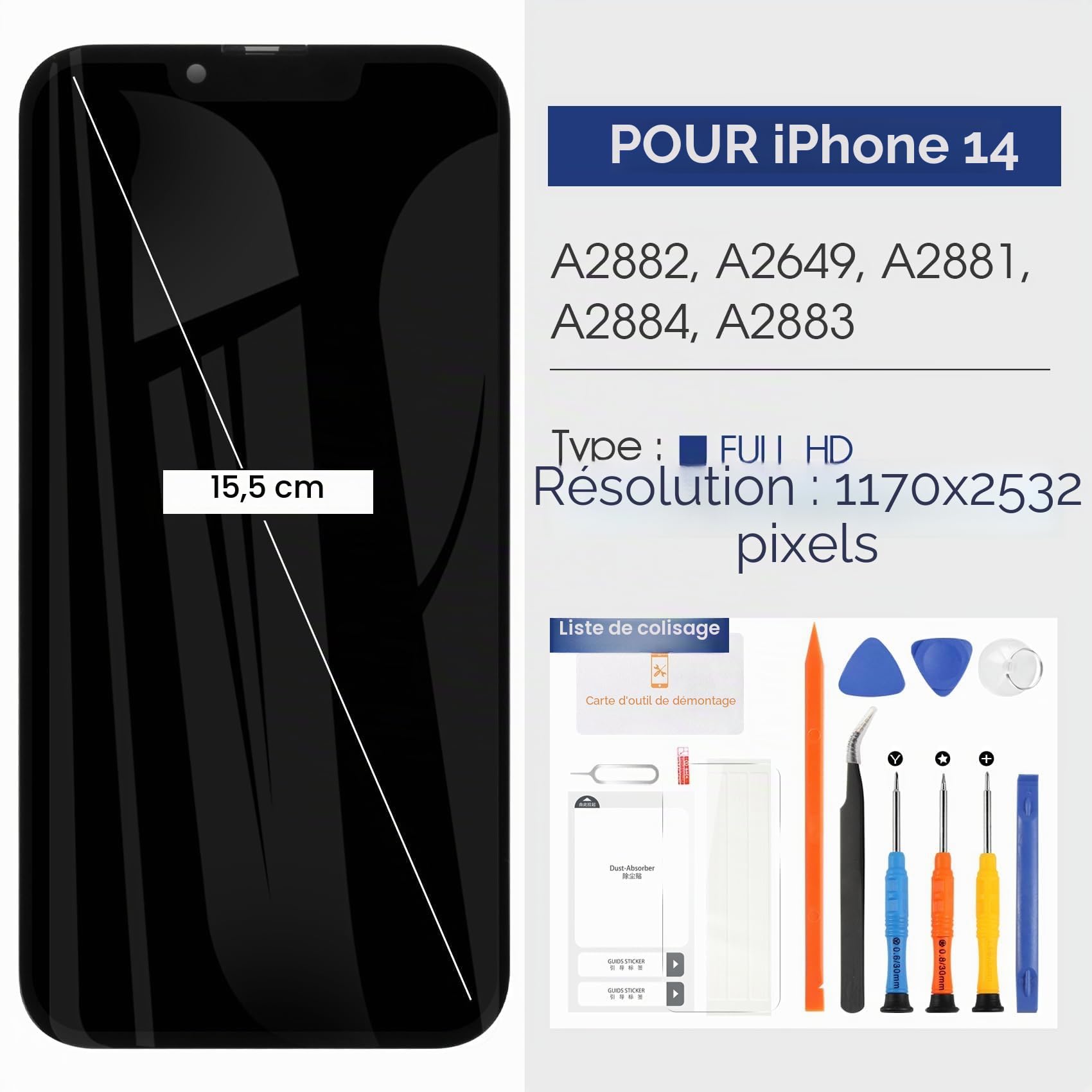 Atwist pour iPhone 14 Écran LCD pour iPhone 14 LCD Display pour iPhone14 6.1" Écran Tactile Remplacement A2882 A2649 A2881 A2884 A2883 Verre Numériseur Assemblée avec Réparation Kits