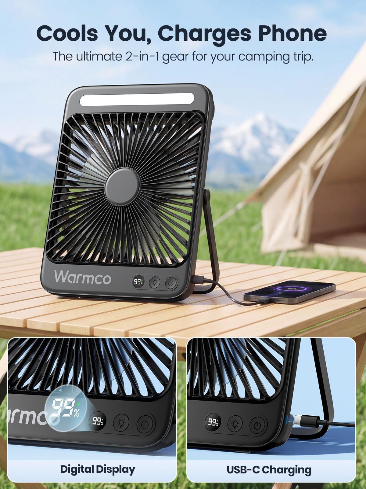 Warmco D4 Pro Camping Ventilator, 20000mAh 27cm 22.5W Schnellladen Ultraflach Akku Ventilator mit Licht, 15-48 Std. Laufzeit, Timer, Haken, Tragbare Tischventilator für Zelt, Schlafen, Wohnmobil