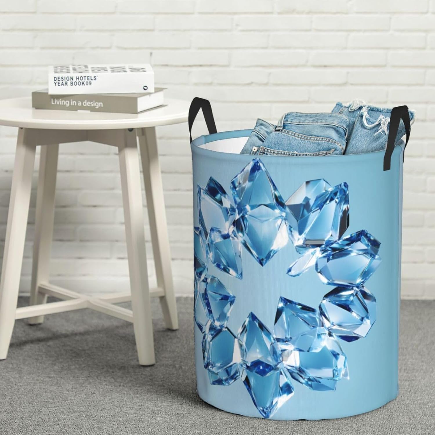 Blue Gemstone Round Single-layer Laundry Basket, Portable Storage Laundry Basket, Bedroom Clothes Storage Basket with Handle