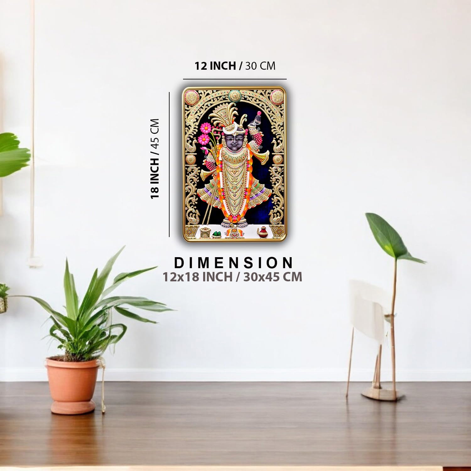 Dharvika Innovations Shrinathji photo frame for wall decoration, paintings for living room, golden slim frame with sparkle coated lamination, painting wall decoration 2415 (12×18 Inch) (Without Glass)