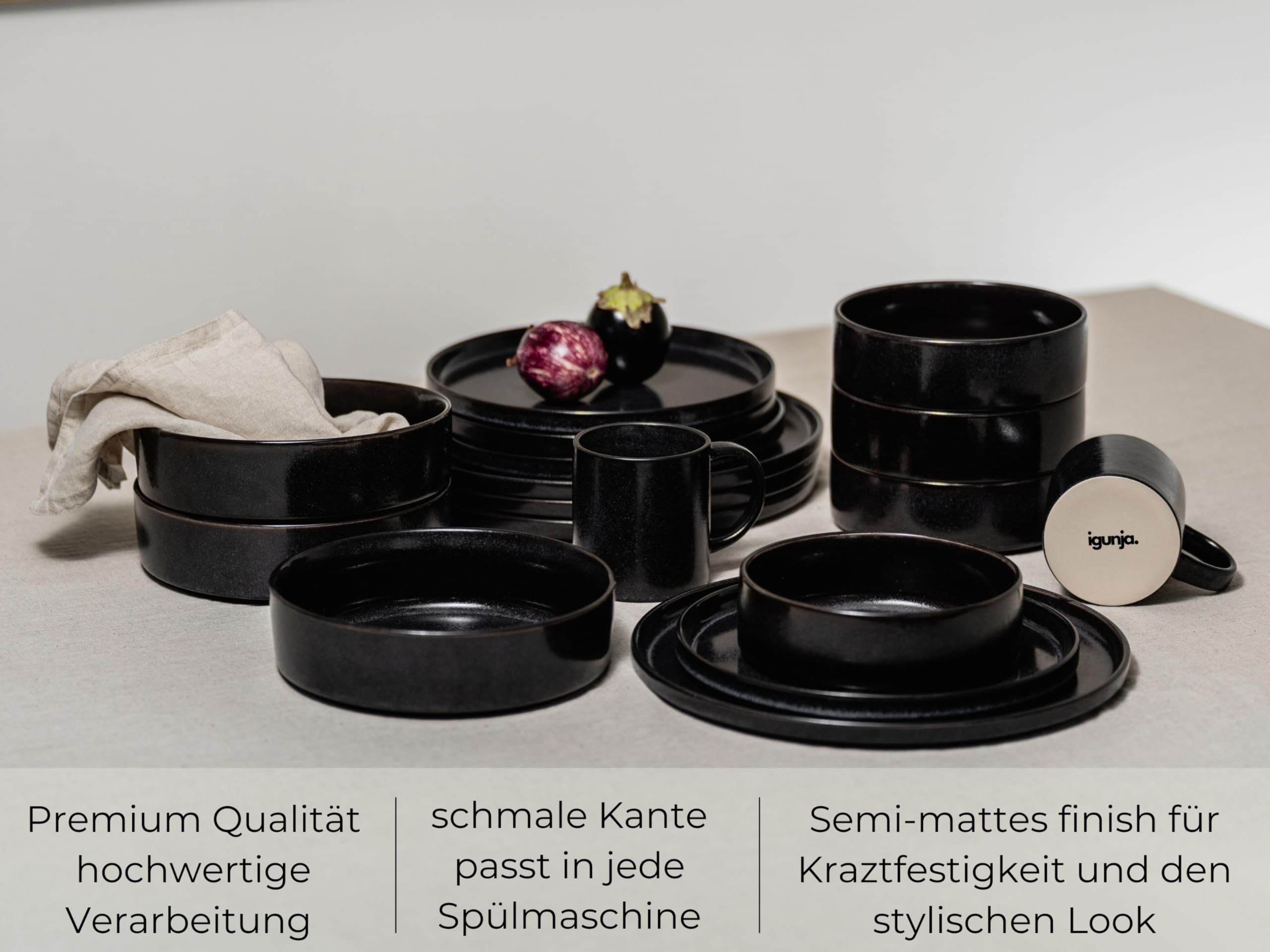 Herogo Geschirr-Set Aus Steingut Für 4 Personen – 12-teilig, Spülmaschinenfest, Kratzfest, In Mattschwarz
