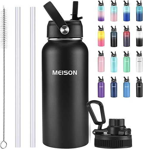 Botella de agua deportiva de 1 litro con aislamiento y pajita, reutilizable, boca ancha, aspiradora de acero inoxidable 188, doble pared, sin BPA