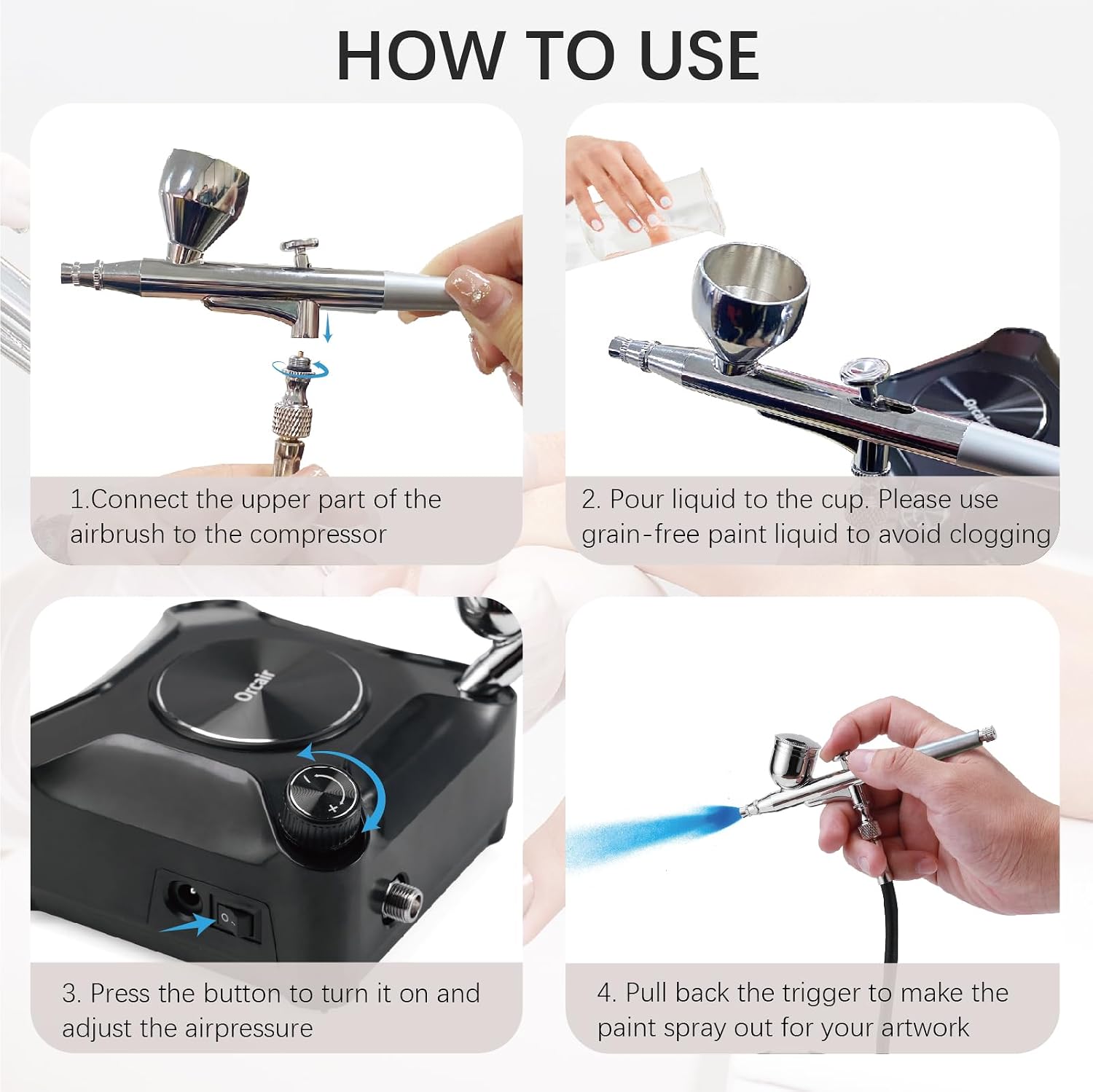 Orcair Air Brush Kit with Compressor,40PSI High Pressure Compressor with Auto Stop,Dual Action Multi-Function Airbrush Compressor with Cleaning Kit for Painting,Craft Model,Nail Art,Makeup,Tattoo