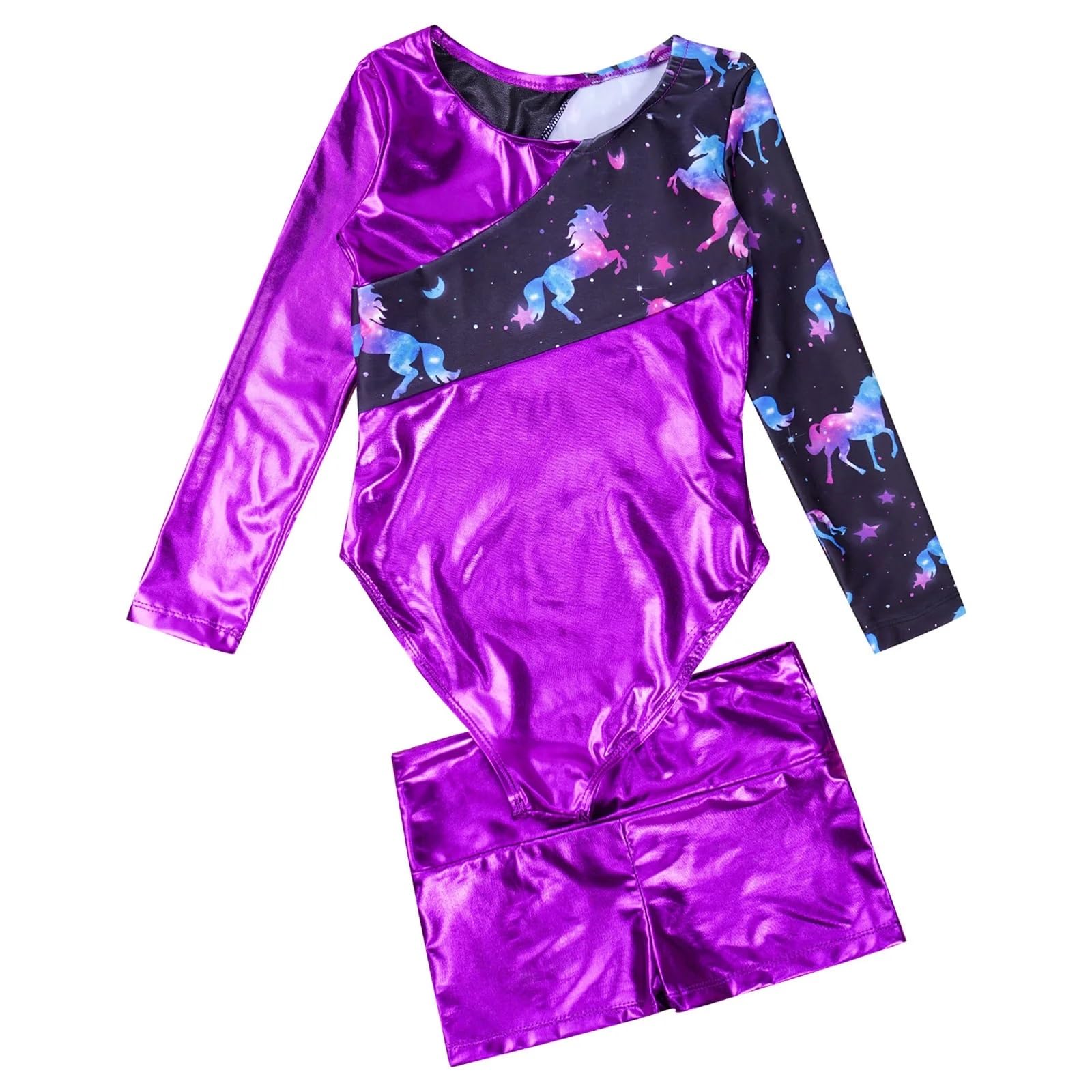 Maillot Gimnasia Ritmica Body de Leotardos de gimnasia for niñas, conjunto de baile de Ballet de manga larga bronceado, mono de entrenamiento de patinaje artístico con pantalones cortos(Blue,6)