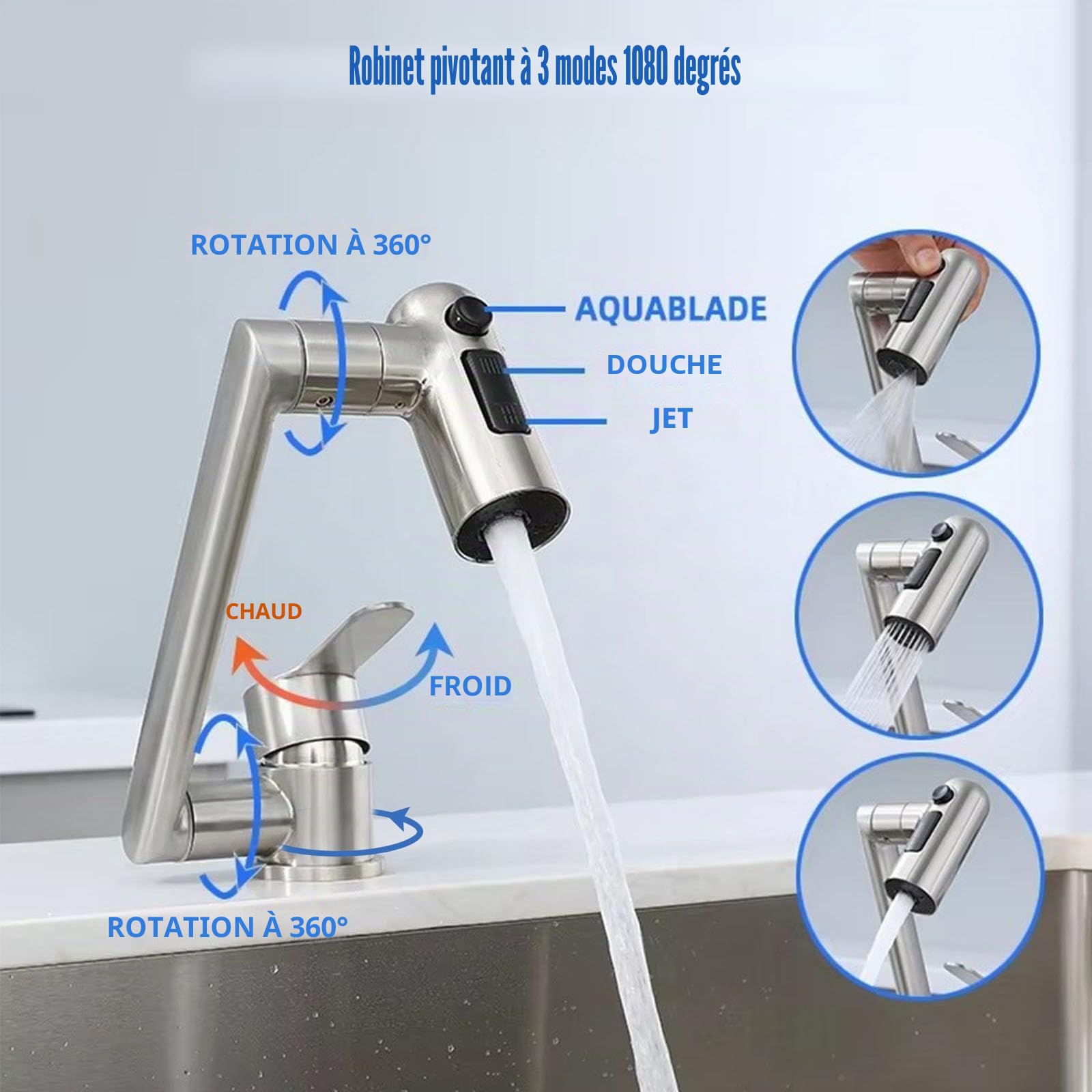 Robinet de cuisine Rabattable avec 2 Jets - Mitigeur Cuisine sous Fenêtre Pliable, 1080° Rotation Robinet Evier Acier Inoxydable 304, Mitigeur Evier Rabattable,Noir
