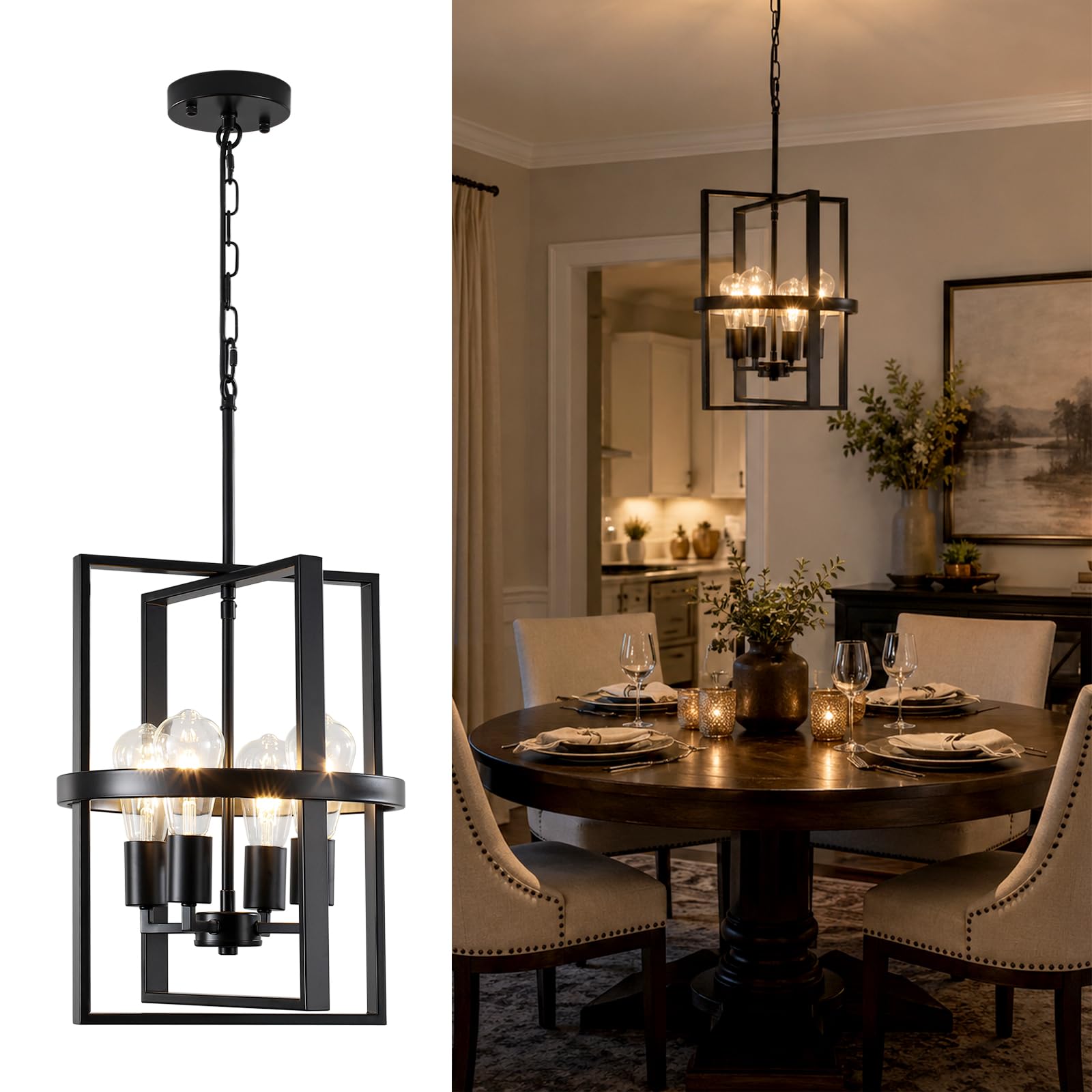 Black Chandelier, 4 Lights Chandeliers Ceiling Light, E27 Black Pendant Light Fitting with Geometric Shade, Modern Chandelier Ceiling Lights for Living Room, Dining Room, Bedroom Kitchen, Hallway — image 1