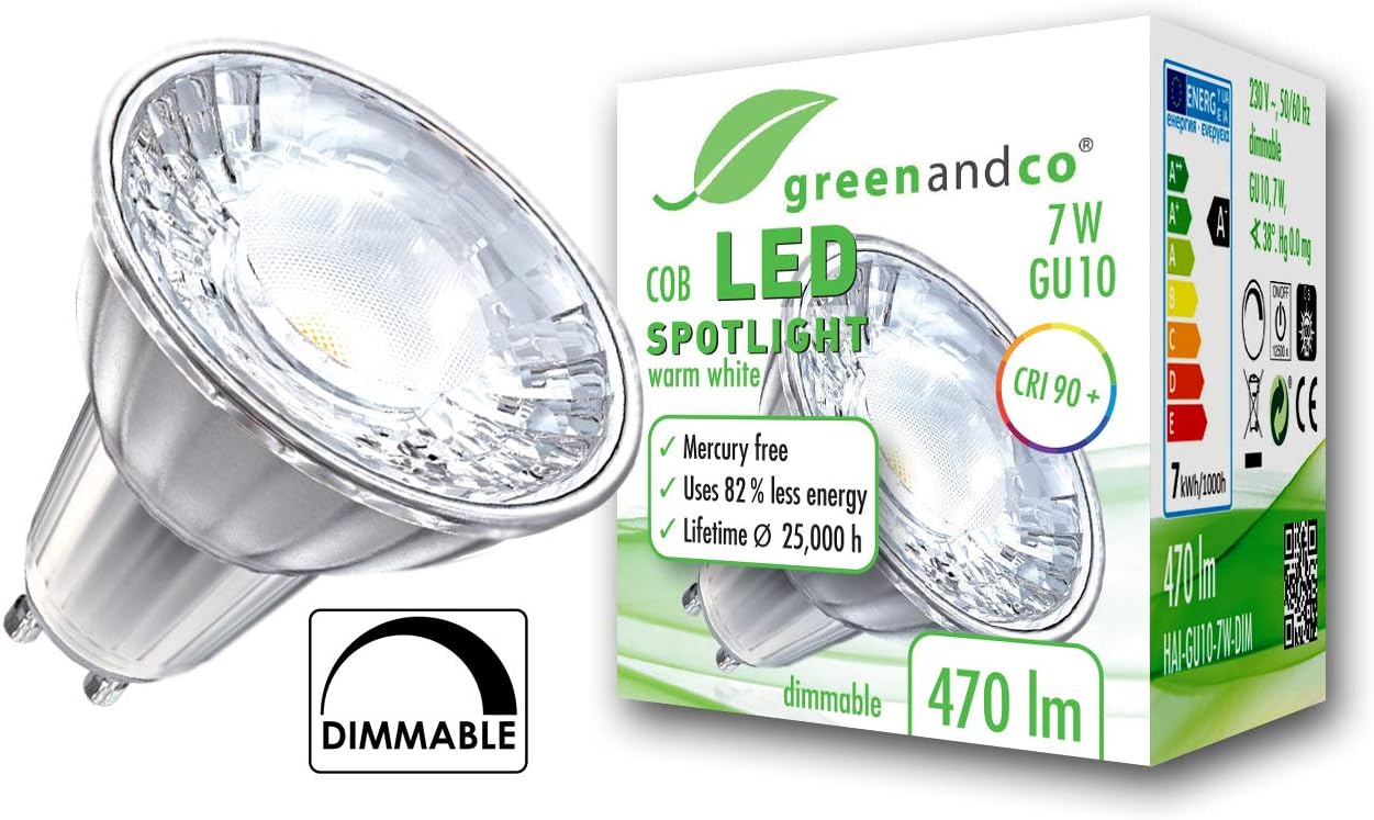 greenandco® CRI 90+ dimmable GU10 LED COB Spot 7W Replaces 40W 470lm 3000K (Warm White) 38° Beam Angle 230V AC Glass Body with Protective Glass [Energy Class A+]
