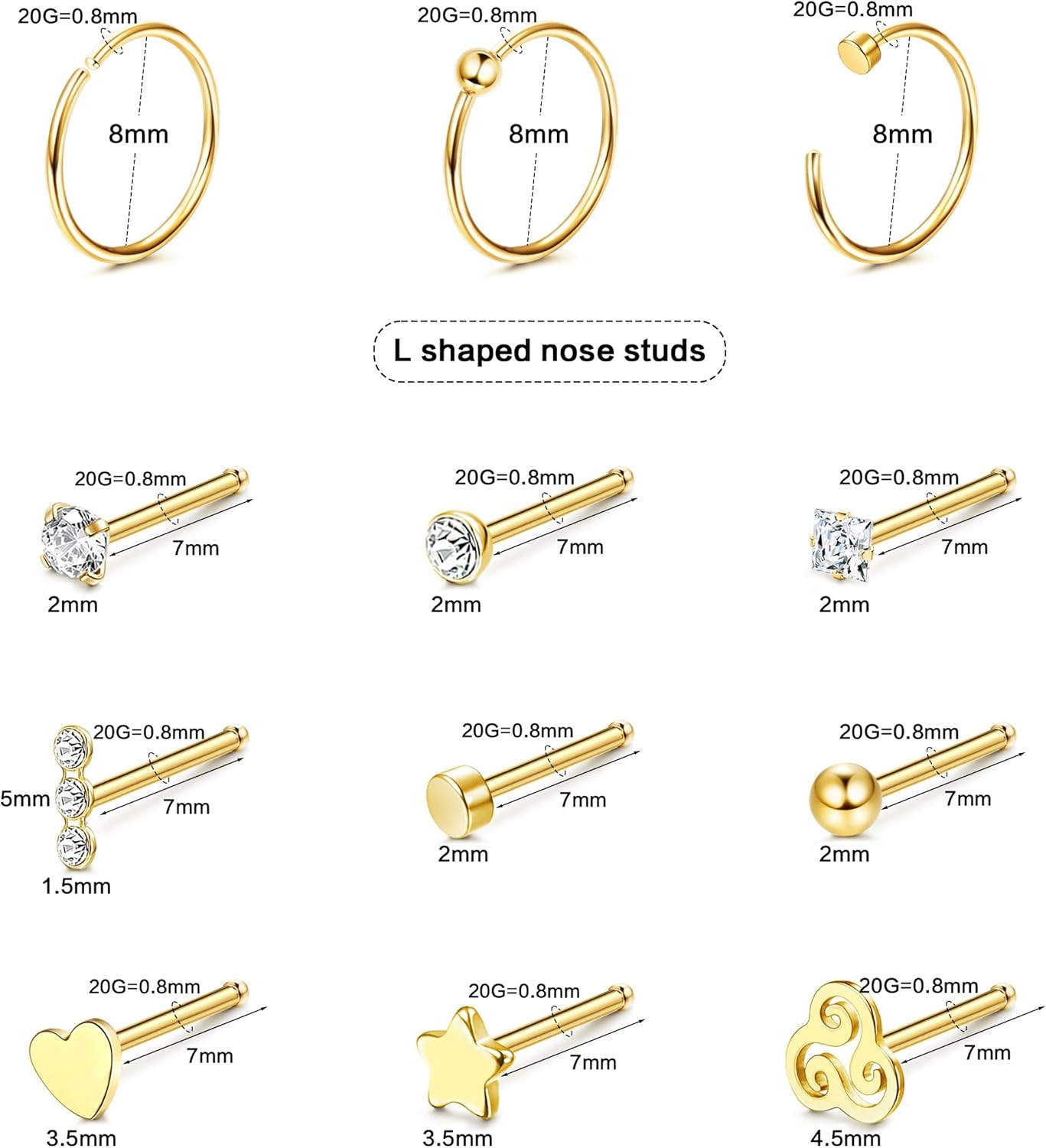 14K Gold Filled Nose Rings 20G Nose Rings Hoops Studs - Straight or L Shaped 316L Stainless Steel Small Nose Studs - CZ Hypoallergenic Nose Piercing Jewelry for Women Men 15Pcs - Image 4