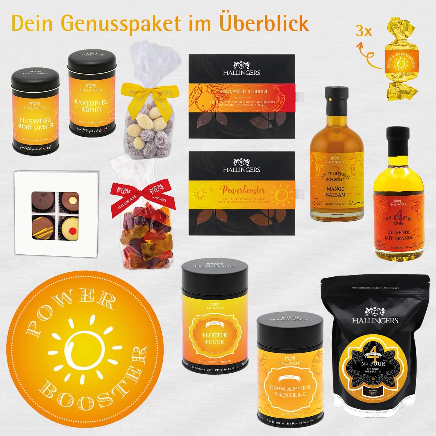 Hallingers Genuss Manufaktur Feinkost Geschenk-Set - XXL-Geschenkkorb "Power Booster" großer Powergruß Öl, Essig, Kaffee, Eistee, Nougat, Pralinen, Schoki & mehr, Geschenkidee für Frauen Männer