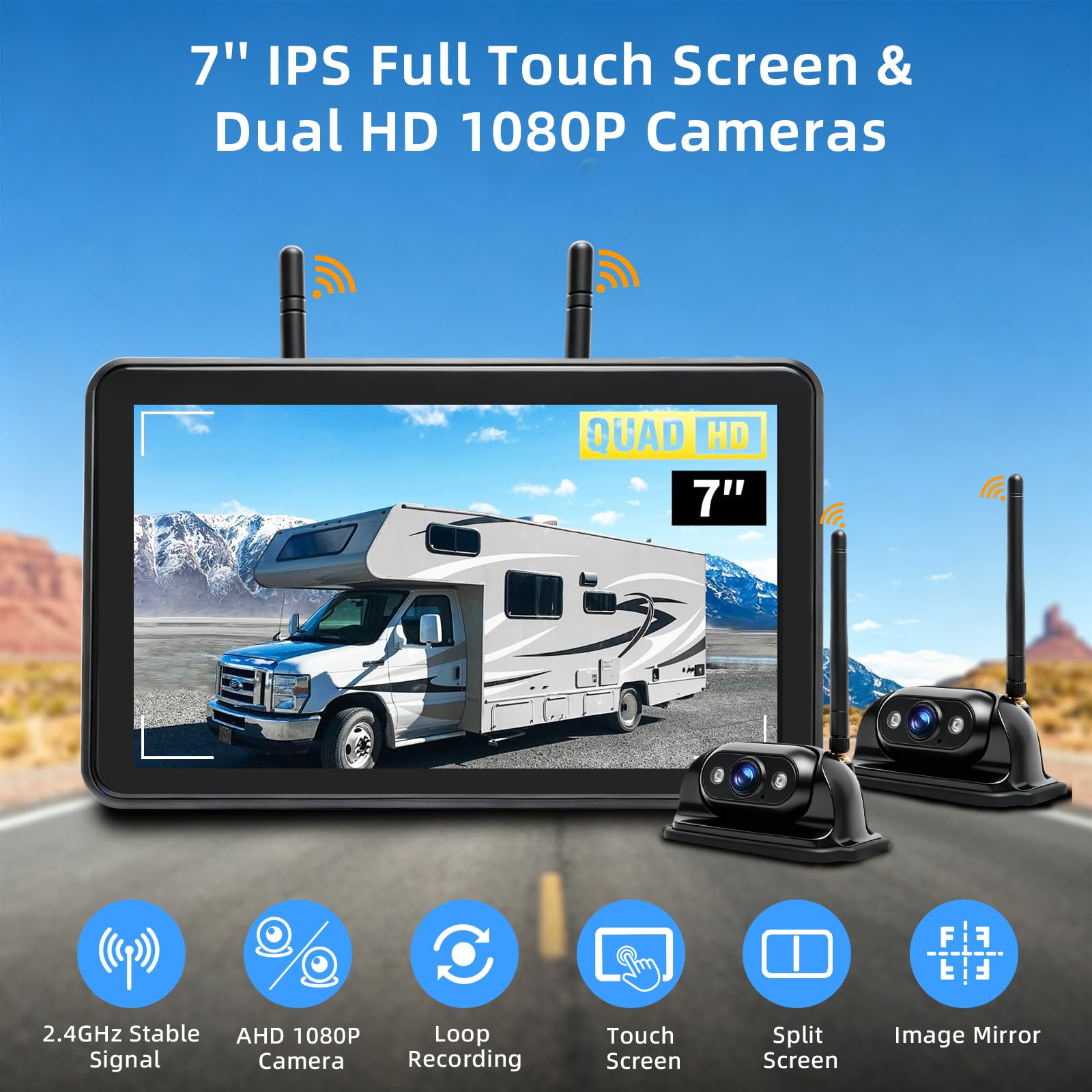 PARKVISION Caméra de recul sans Fil 7 Pouces Double Caméra recul kit
