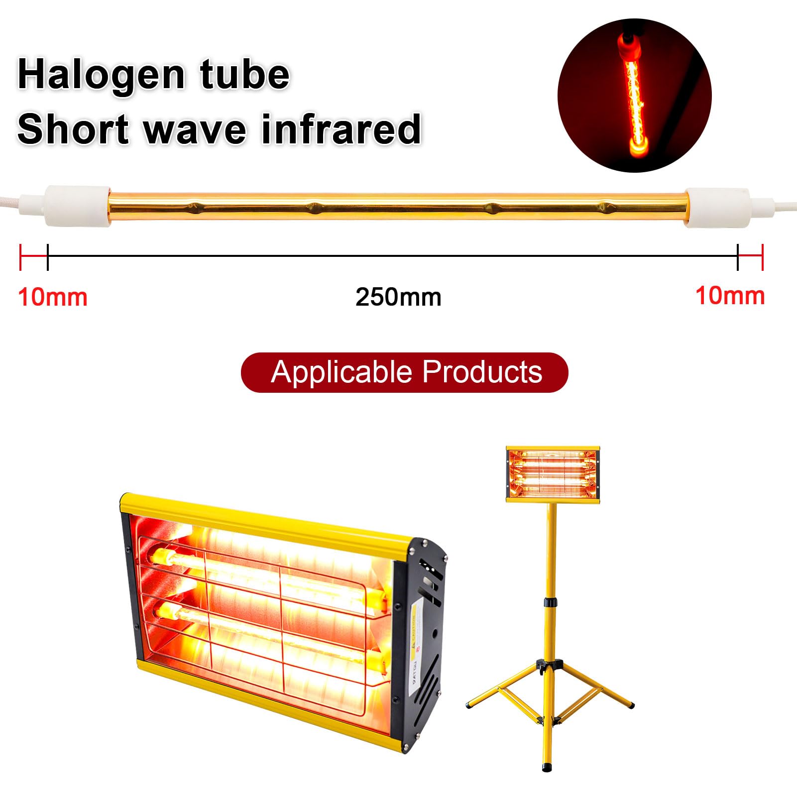 DATOUBOSS 1000W Halogenlampe für Infrarot Lacktrockner, Ersatzlampe, Passende infrarot lackierstrahler Modelle: DT-002/SC-002 (Runder– Gelb – 270 mm) (270MM)