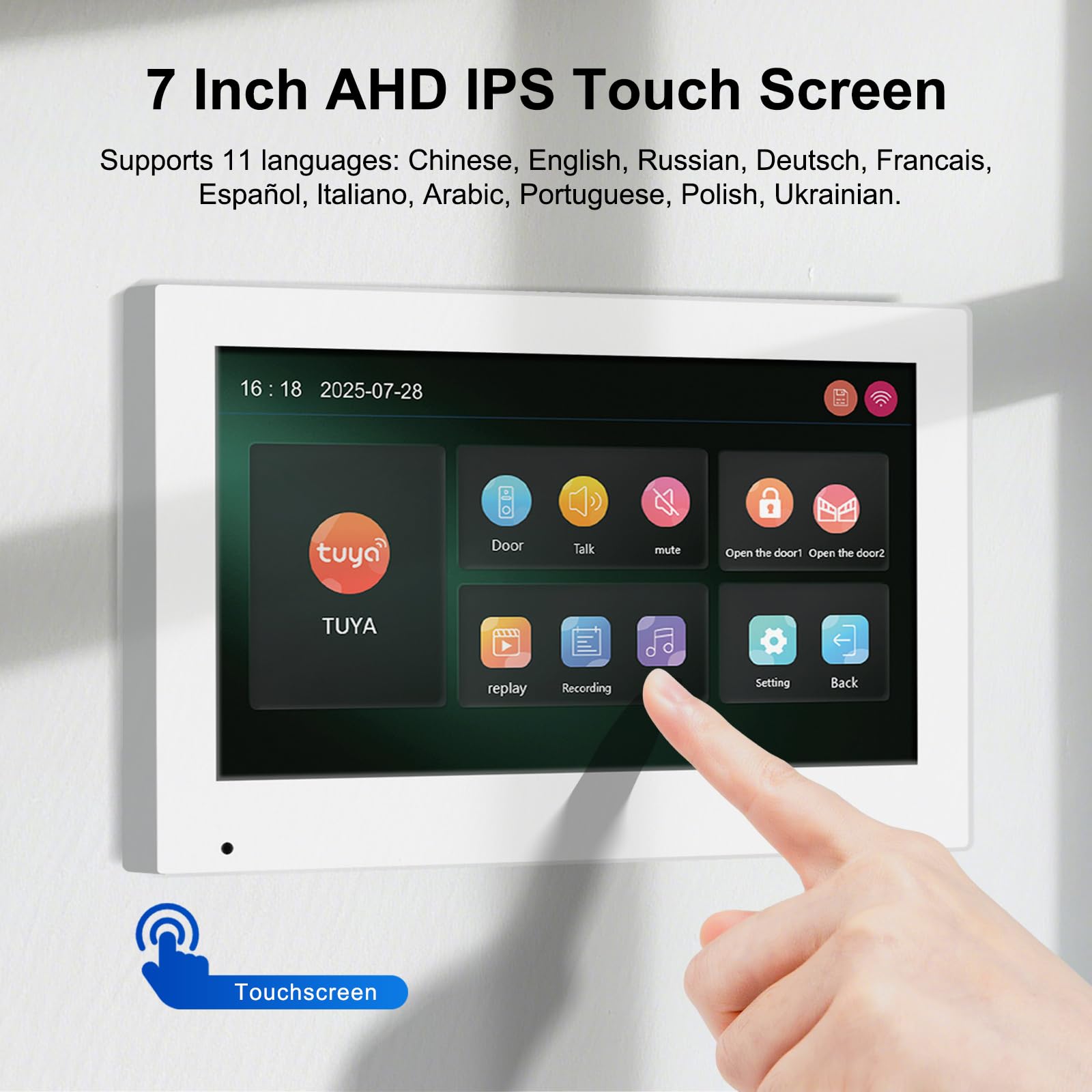 Videocitofono WiFi 2 Fili Smart Tuya, 1080P HD Video Citofono con Telecamera, 7 Pollici Touch Monitor, Fotocamera Visione Notturna IR, Registrazione, Sblocco RFID Carta/APP, IP65