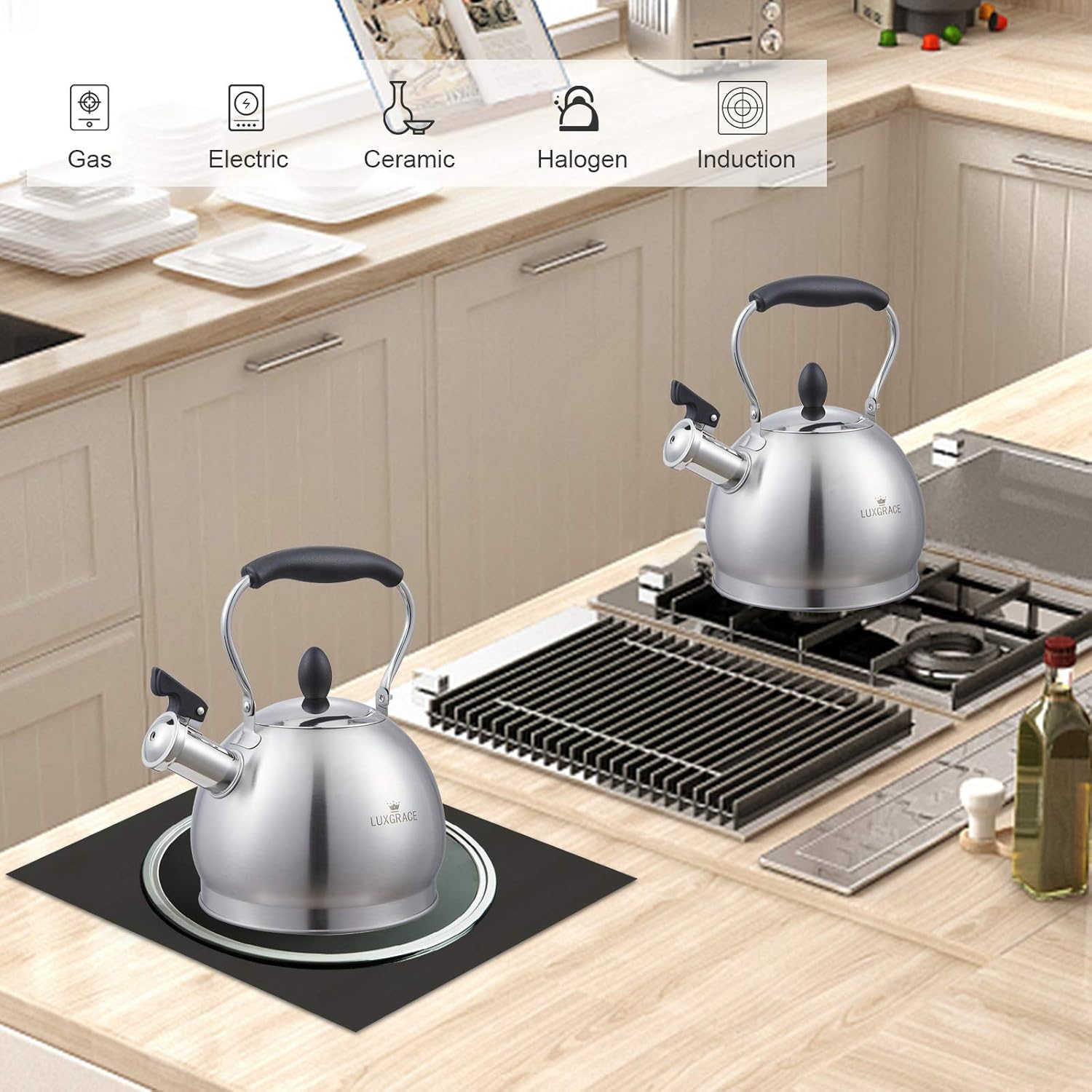 Creative Home 2.6 Qt. Stainless Steel Whistling Tea Kettle Teapot with Aluminum Capsulated Bottom for Fast Boiling Heat Water, for Induction Stove Top, Satin Finish